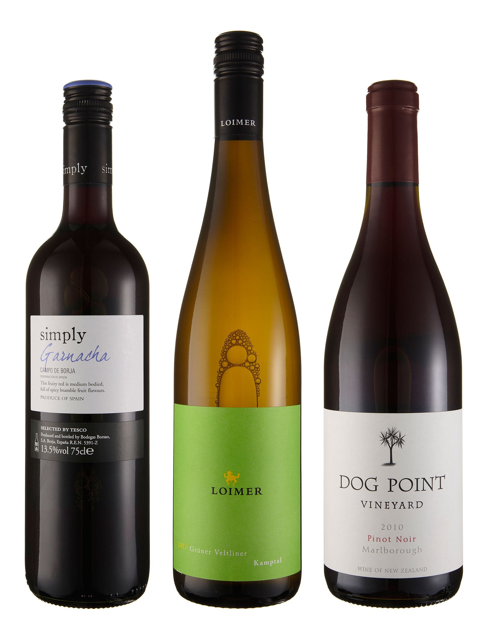 2011 Loimer Grüner Veltliner, Kamptal; 2010 Dog Point Pinot Noir, Marlborough, New Zealand; 2010 Tesco Simply Garnacha, Bodegas Borsao