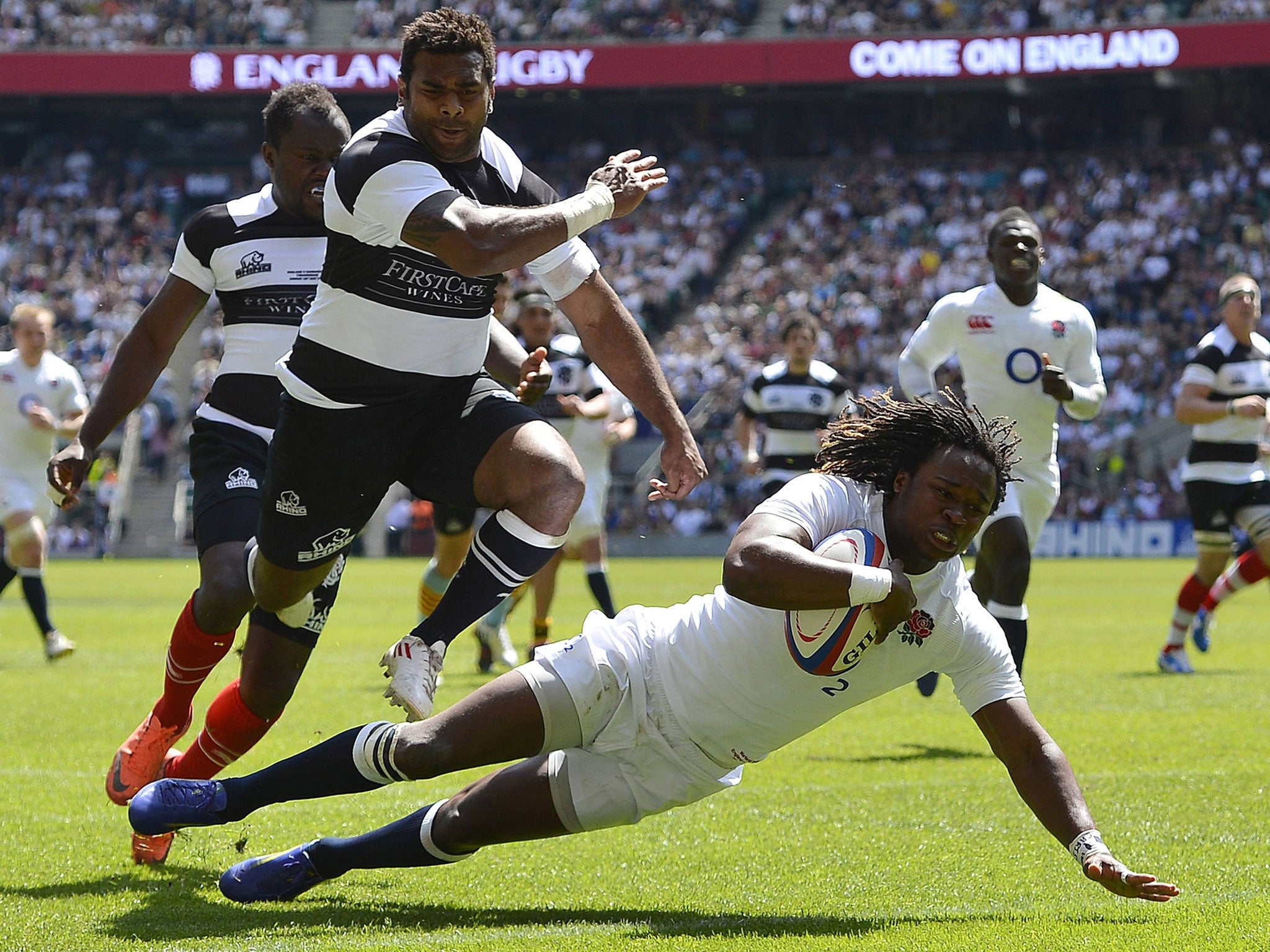 London Irish's Marland Yarde scores against the Barbarians