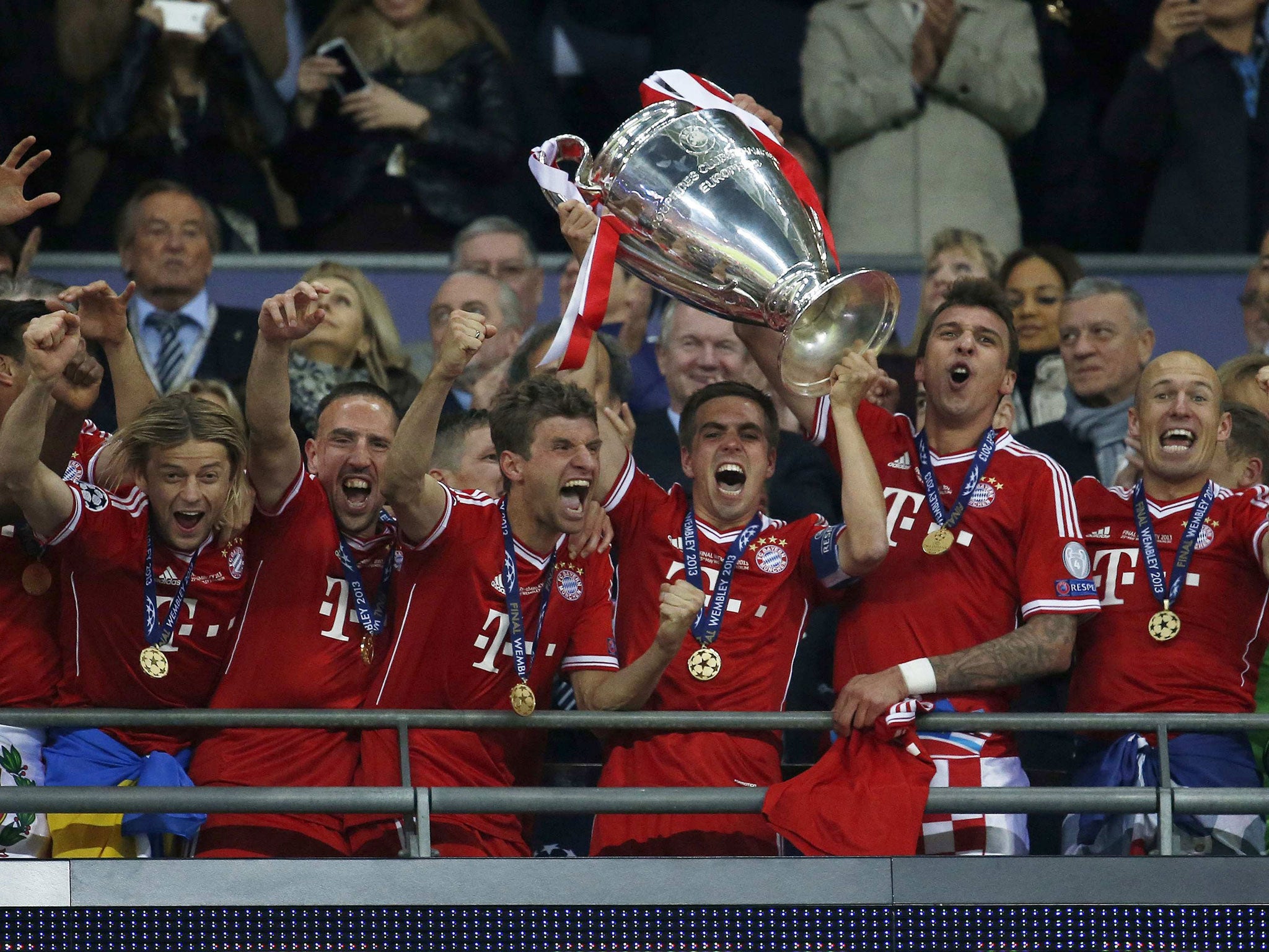 Bayern players celebrate their European Cup success