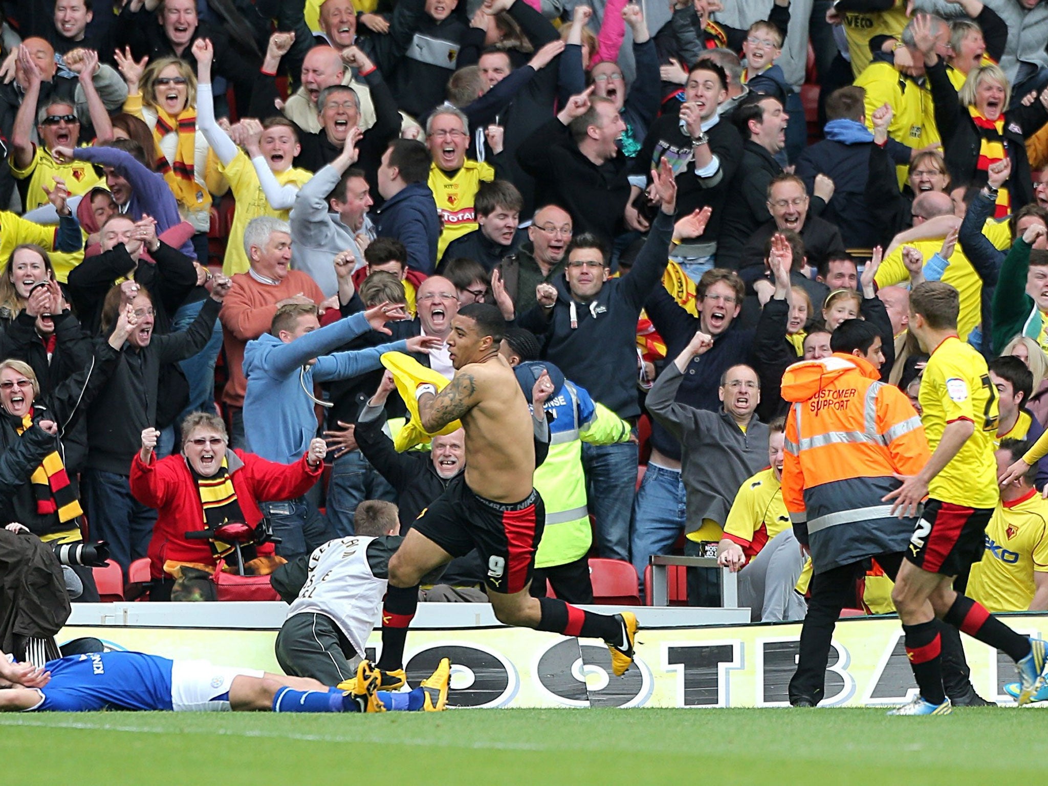 Troy Deeney celebrates his semi-final winner against Leicester