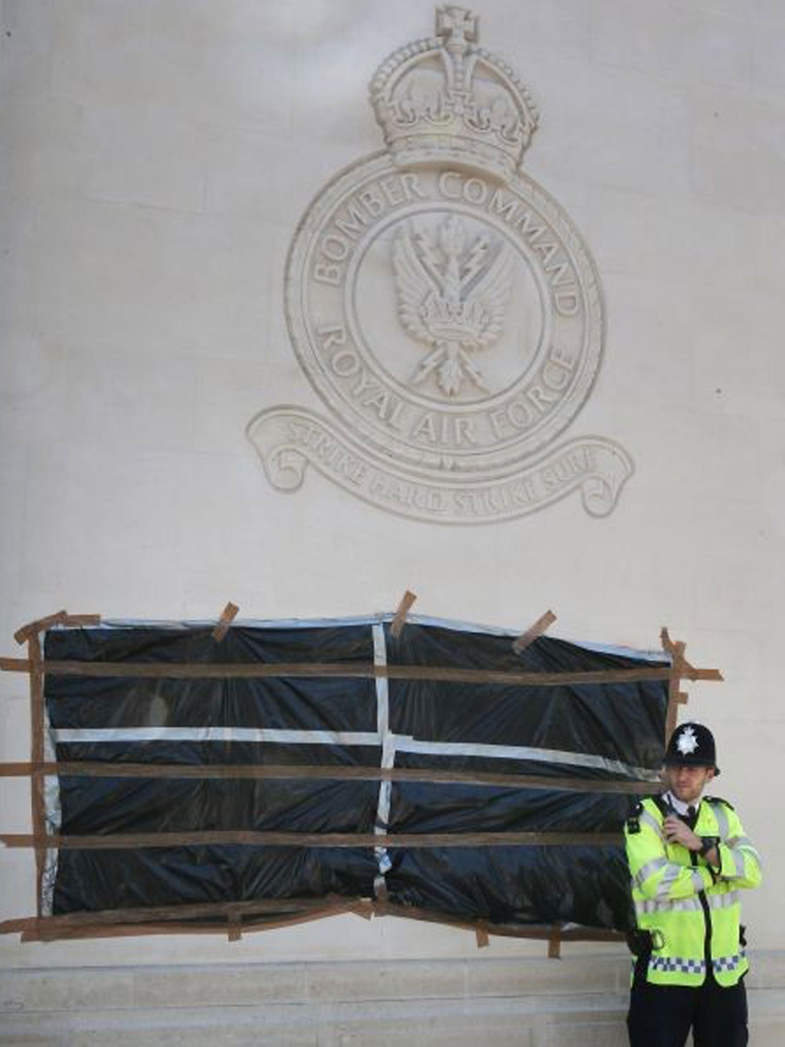 The RAF Bomber Command Memorial in London, with graffiti covered up