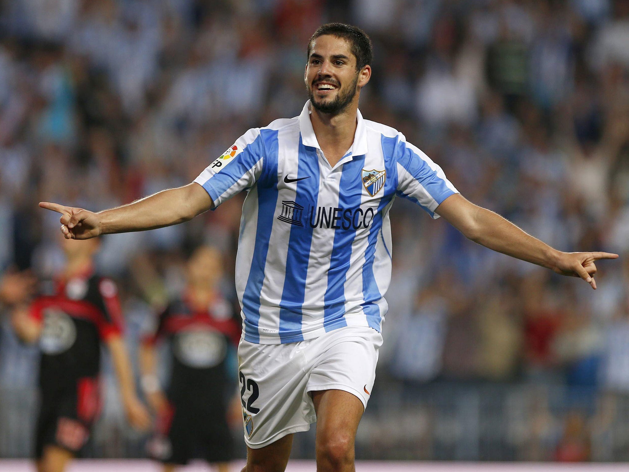 Malaga midfielder Francisco R. Alarcon 'Isco' celebrates his goal against Deportivo de La Coruna