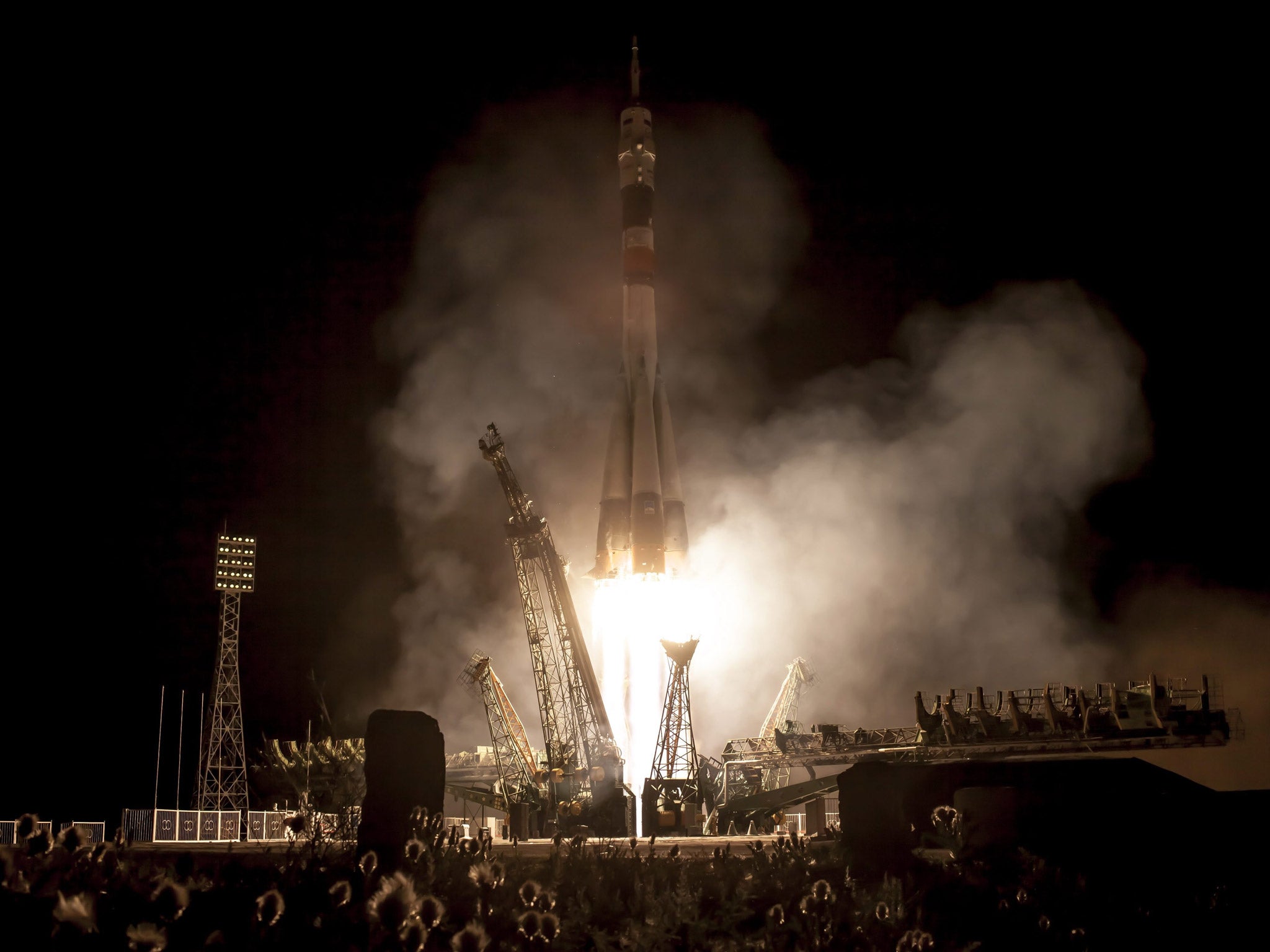 The Soyuz rocket with Expedition 36/37 Soyuz Commander Fyodor Yurchikhin of the Russian Federal Space Agency (Roscosmos), Flight Engineers: Luca Parmitano of the European Space Agency and Karen Nyberg of NASA, onboard, launches from the Baikonur Cosmodrome in Kazakhstan to the International Space Station