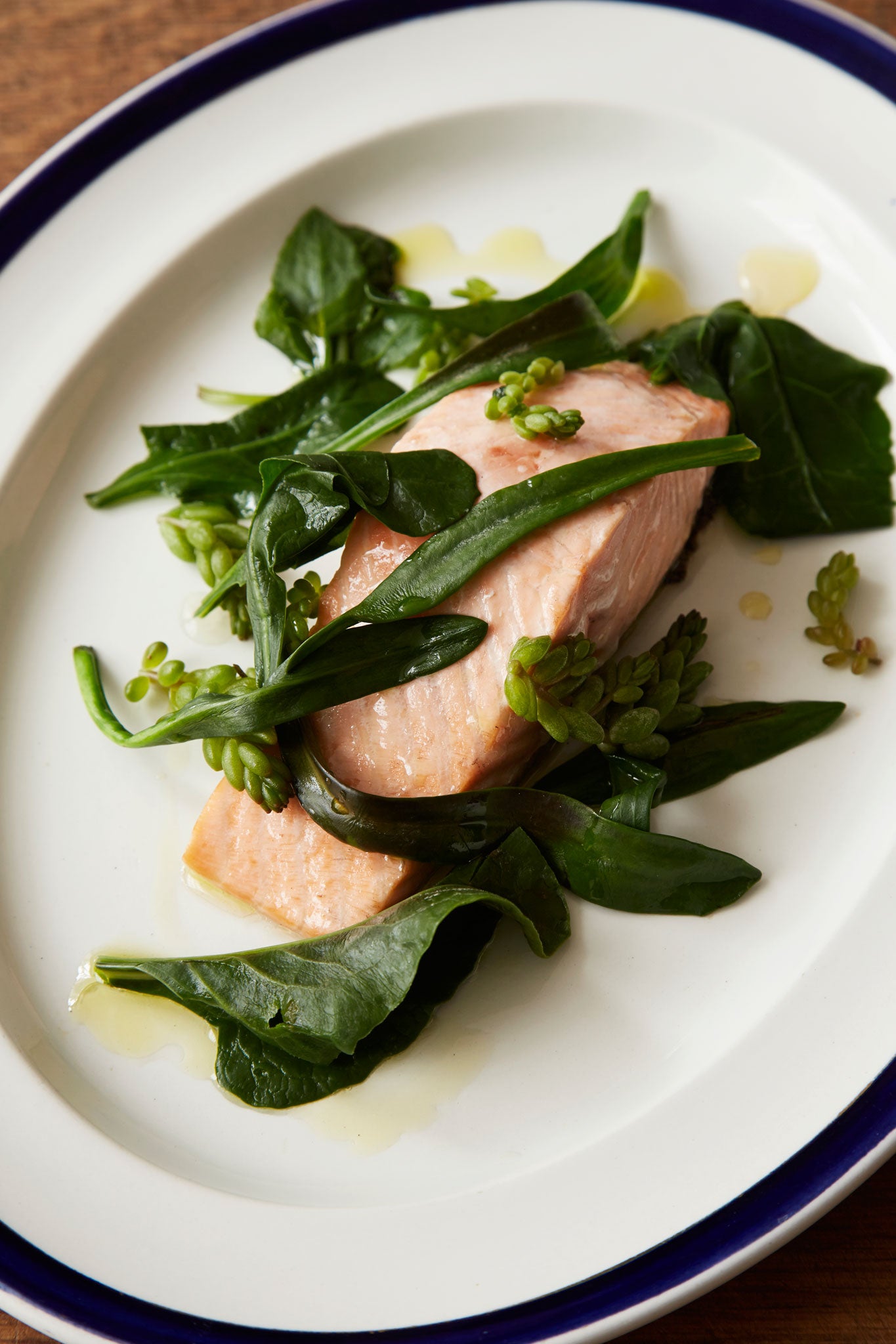 Steamed wild salmon and seashore vegetables