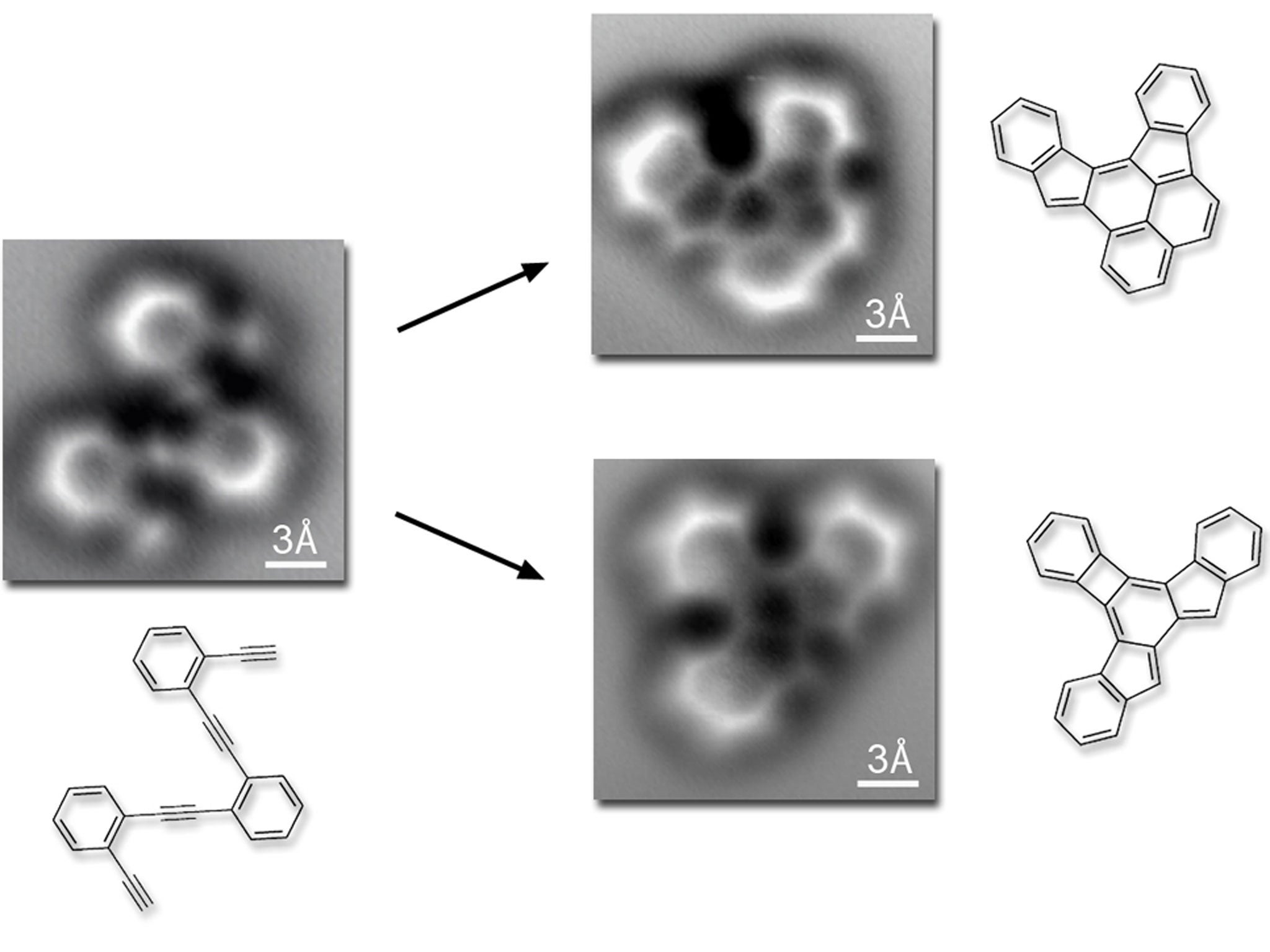 New images, of a molecule rearranging its bonds at a single-atom resolution, captured by scientists at the Lawrence Berkeley National Laboratory in California