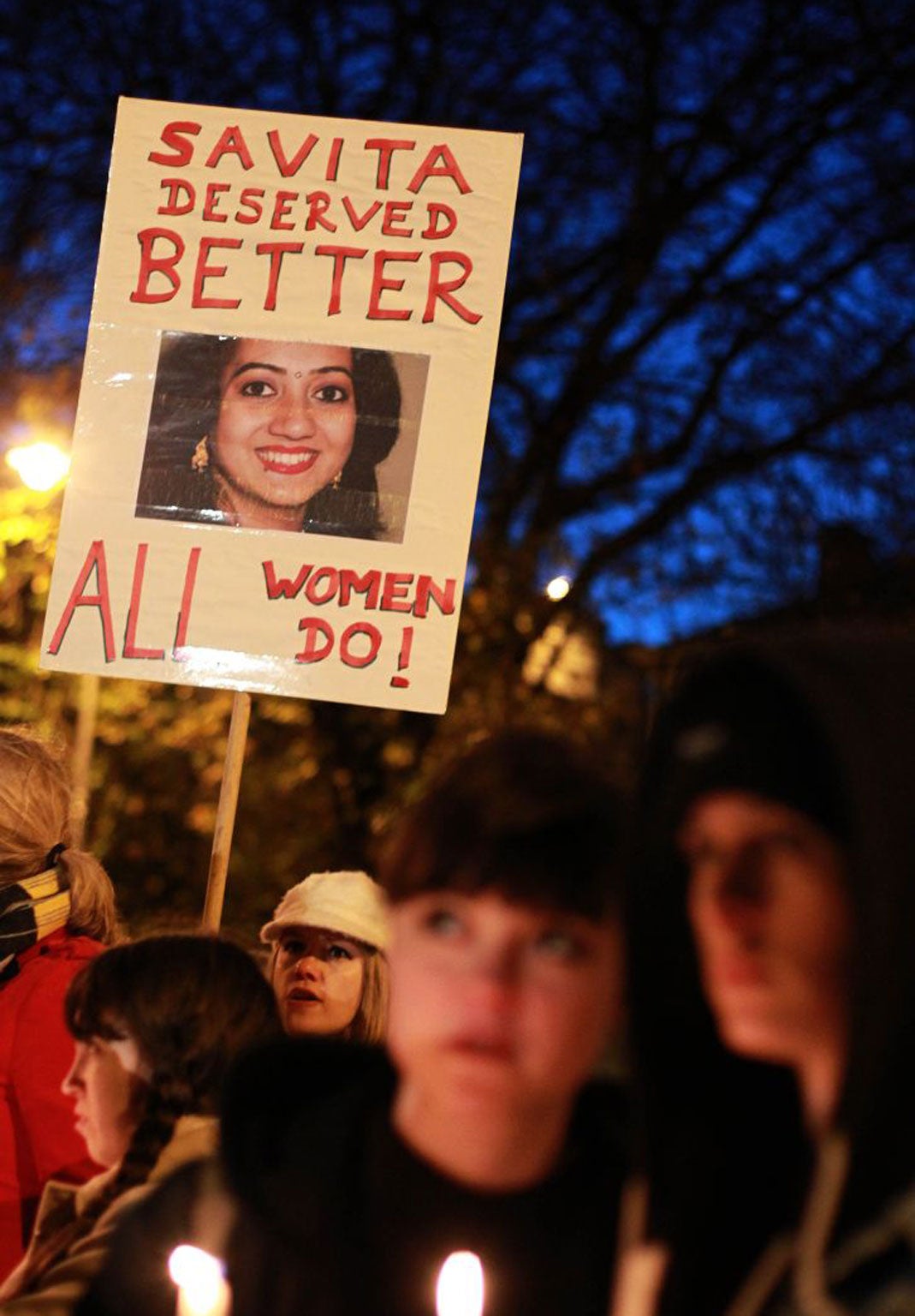 A protester outside the Irish parliament remembers Savita Halappanavar, who died after being refused an abortion