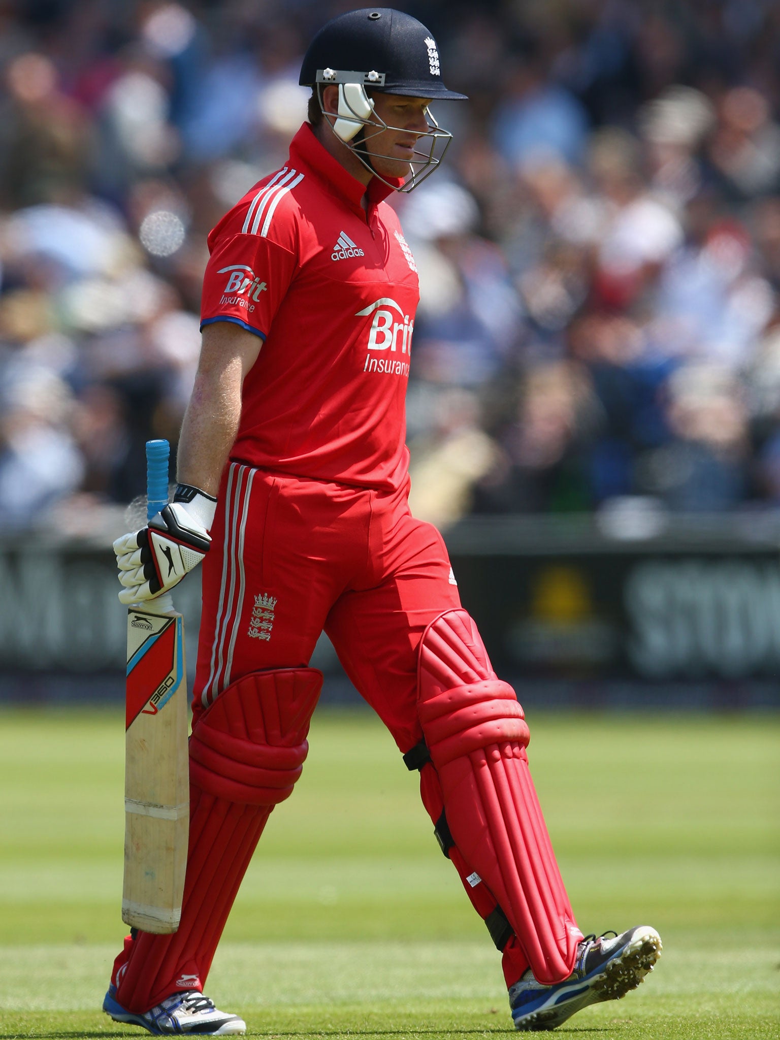 Eoin Morgan walks off after losing his wicket to Mitchell McClenaghan