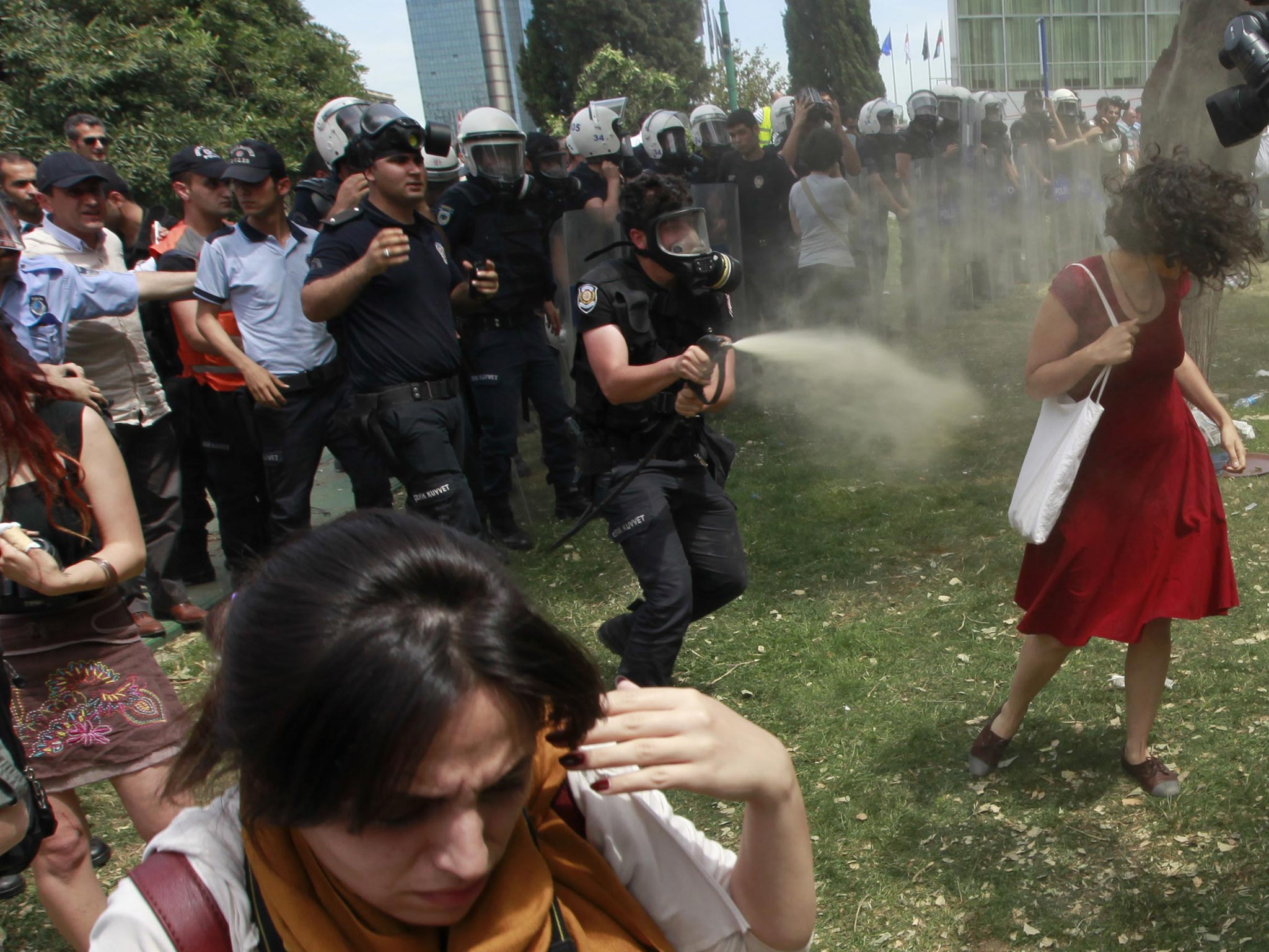 Endlessly shared on social media and replicated as a cartoon on posters and stickers, the image of the woman in red has become the leitmotif for female protesters during days of violent anti-government demonstrations in Istanbul.