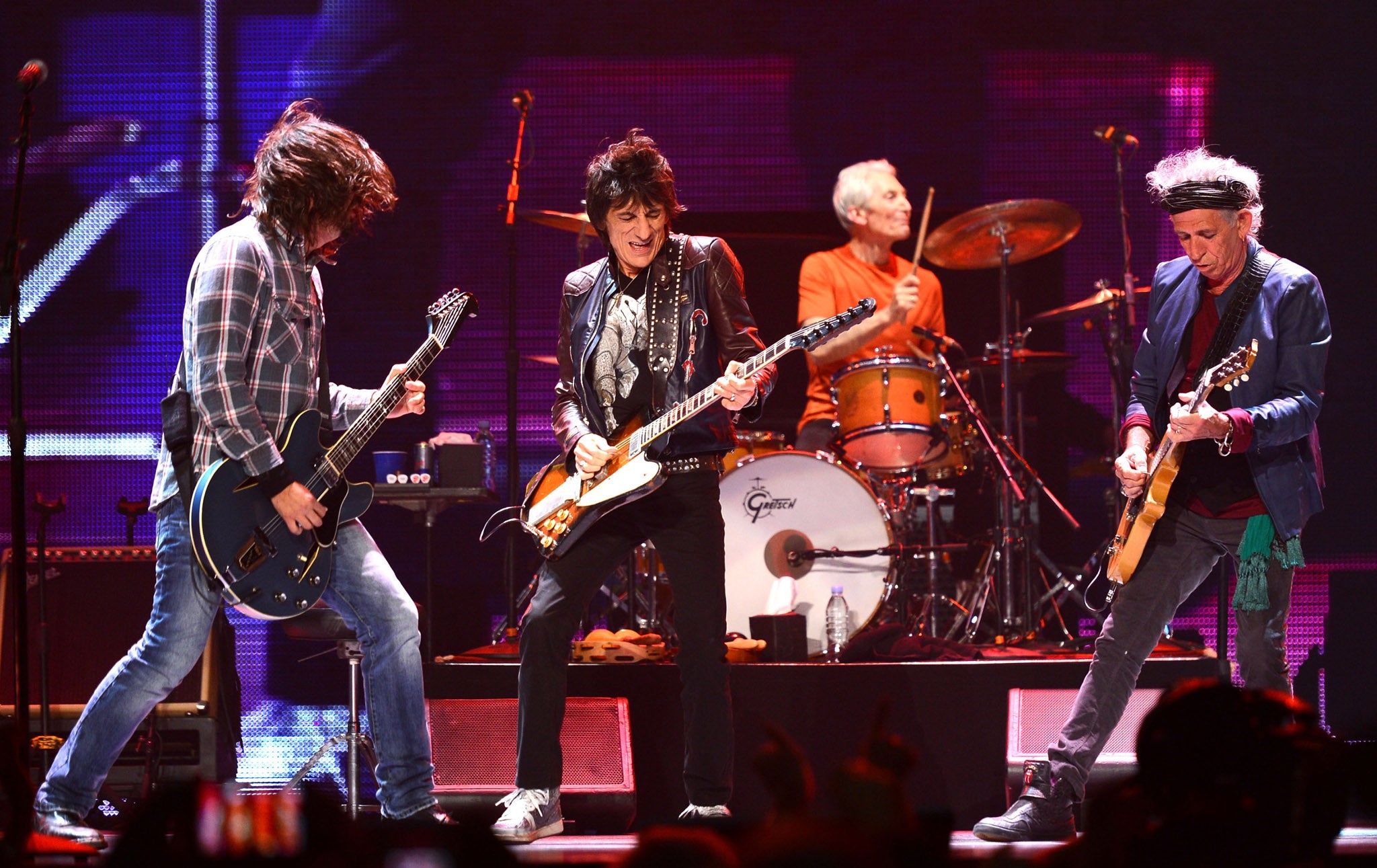 Musicians Dave Grohl, Ronnie Wood, Charlie Watts and Keith Richards perform at the 'Rolling Stones 50 & Counting Tour' at The Honda Center on May 15, 2013 in Anaheim, California.