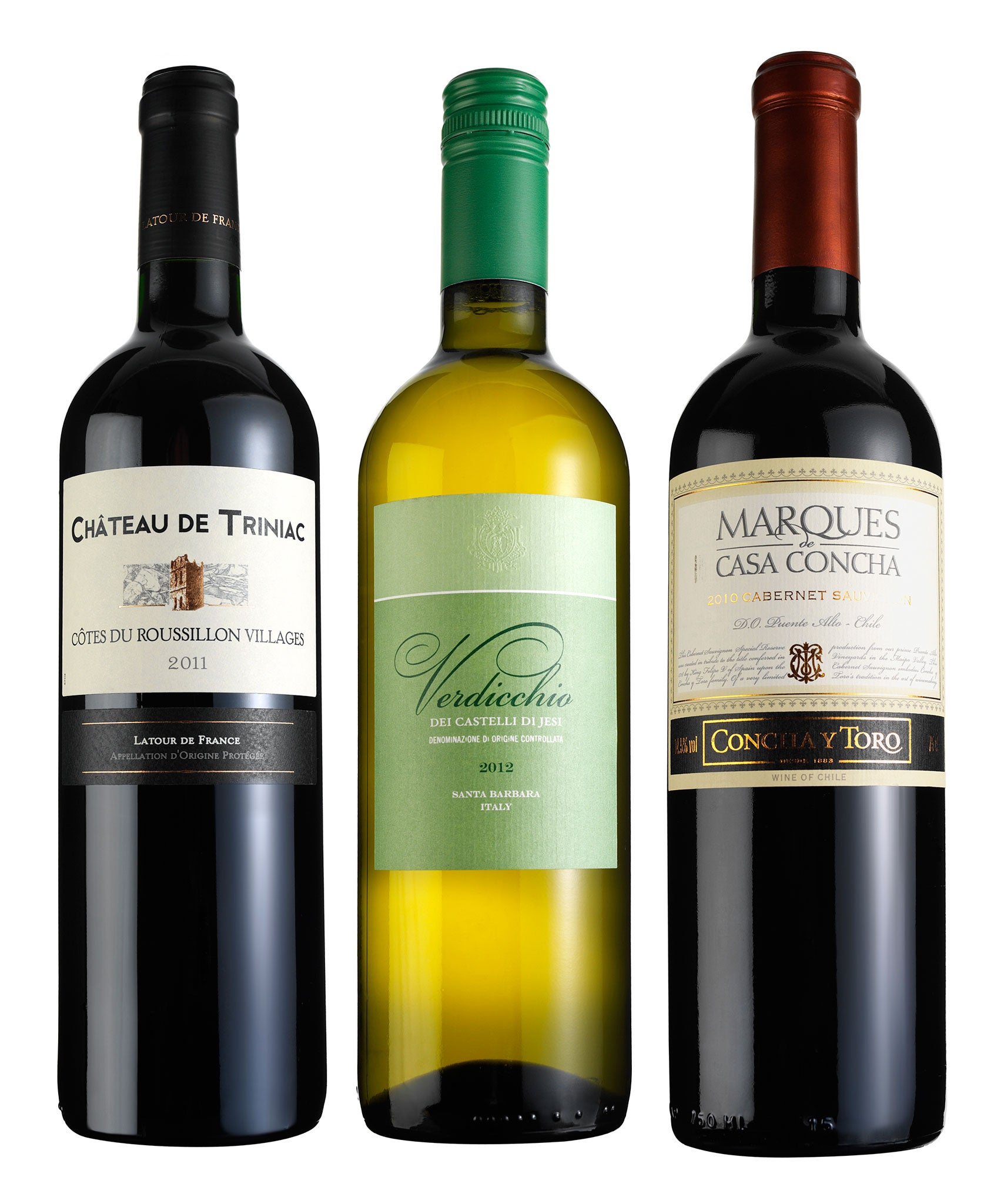 Château de Triniac Cotes du Roussillon Villages 2011; Verdicchio dei Castelli di Jesi Classico 2012; Marques de Casa Concha Cabernet Sauvignon 2010