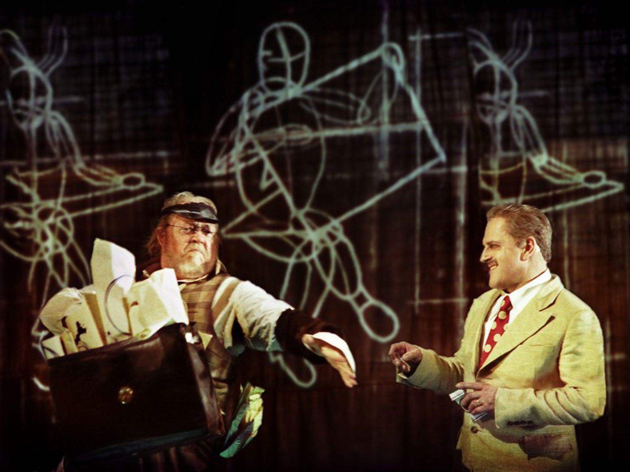 Christopher Purves, right, as the cruel Walt Disney