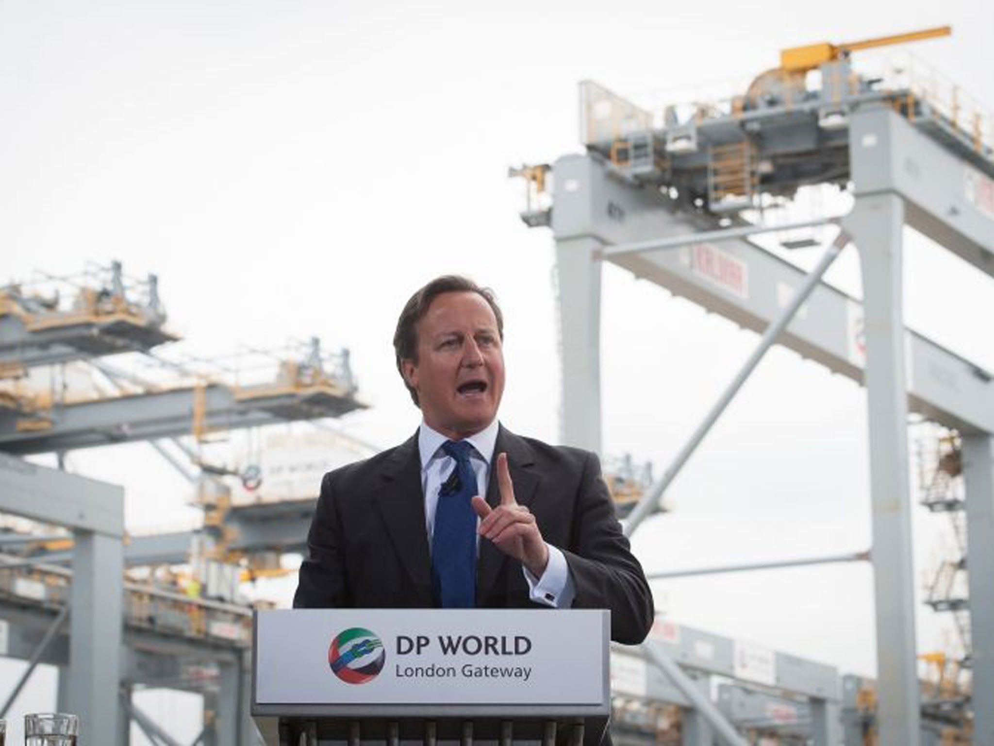 Prime Minister David Cameron delivers a speech to workers at the new London Gateway container port which is under construction on the River Thames  near Tilbury in Essex