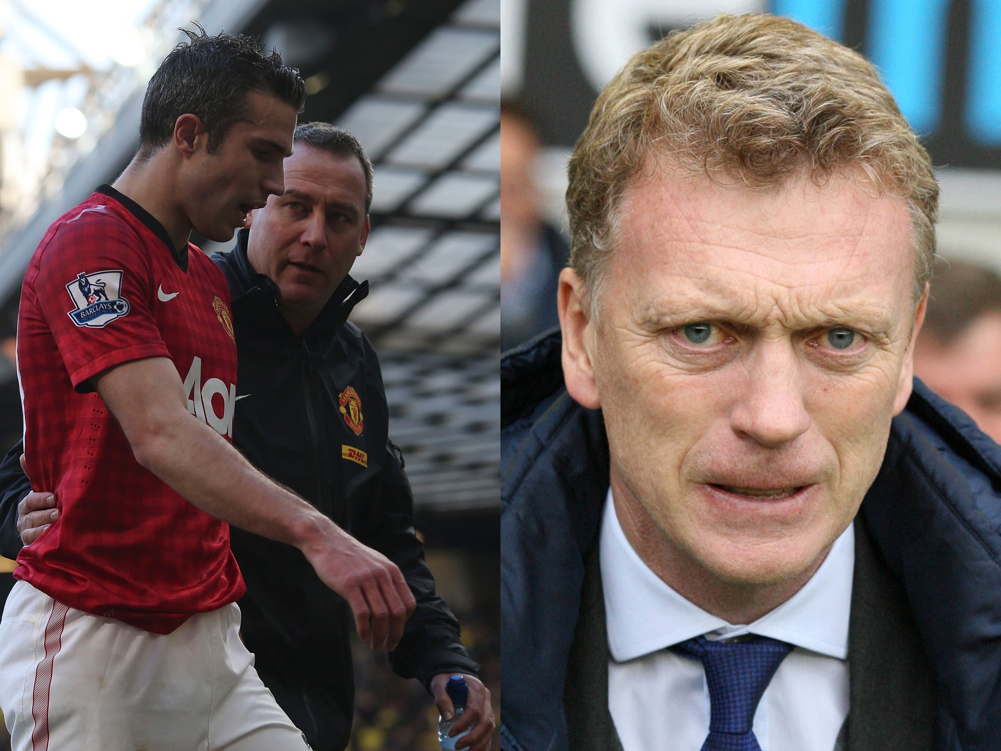 Rene Meulensteen with Robin van Persie, and David Moyes