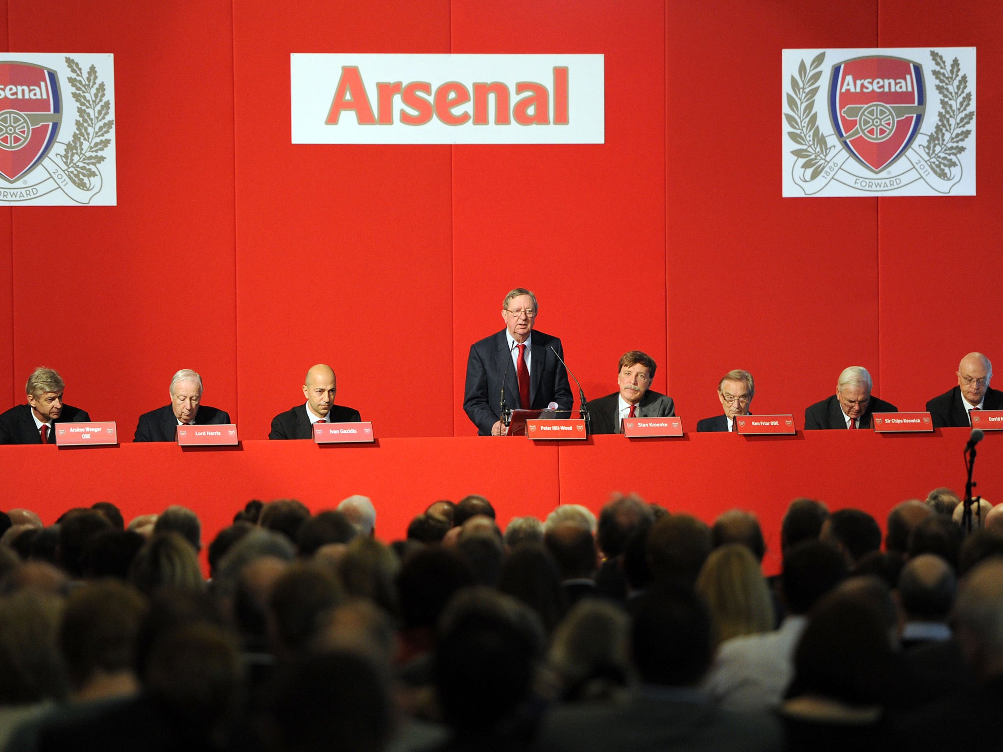 (L-R) Arsene Wenger (Manager), Lord Harris (Director), Ivan Gazidis (CEO), Peter Hill-Wood (Chairman), Stan Kroenke (Director), Ken Friar (Director), Sir Chips Keswick (Director) and David Mile (Club Secretary) during the Arsenal AGM at Emirates Stadium i