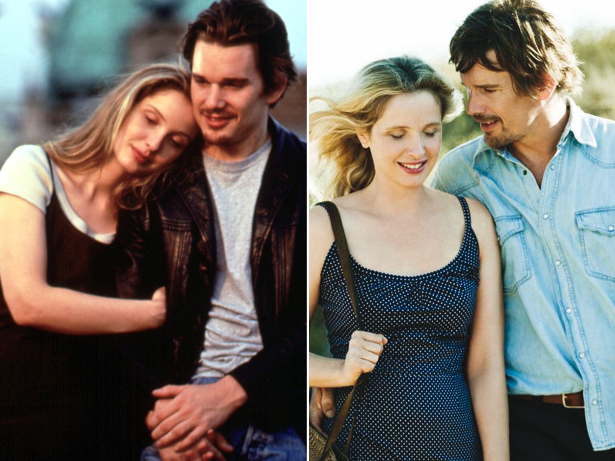 Take three: Julie Delpy and Ethan Hawke in Before Sunrise (1995), left, and Before Midnight