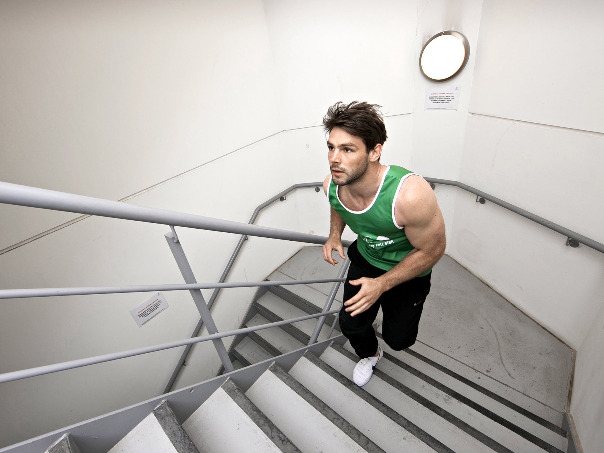 Up and away: rugby fullback Ben Foden gets ready for the Gherkin Challenge