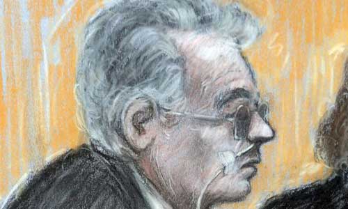 Court artist sketch of Moors Murderer Ian Brady appearing via video at his mental health tribunal