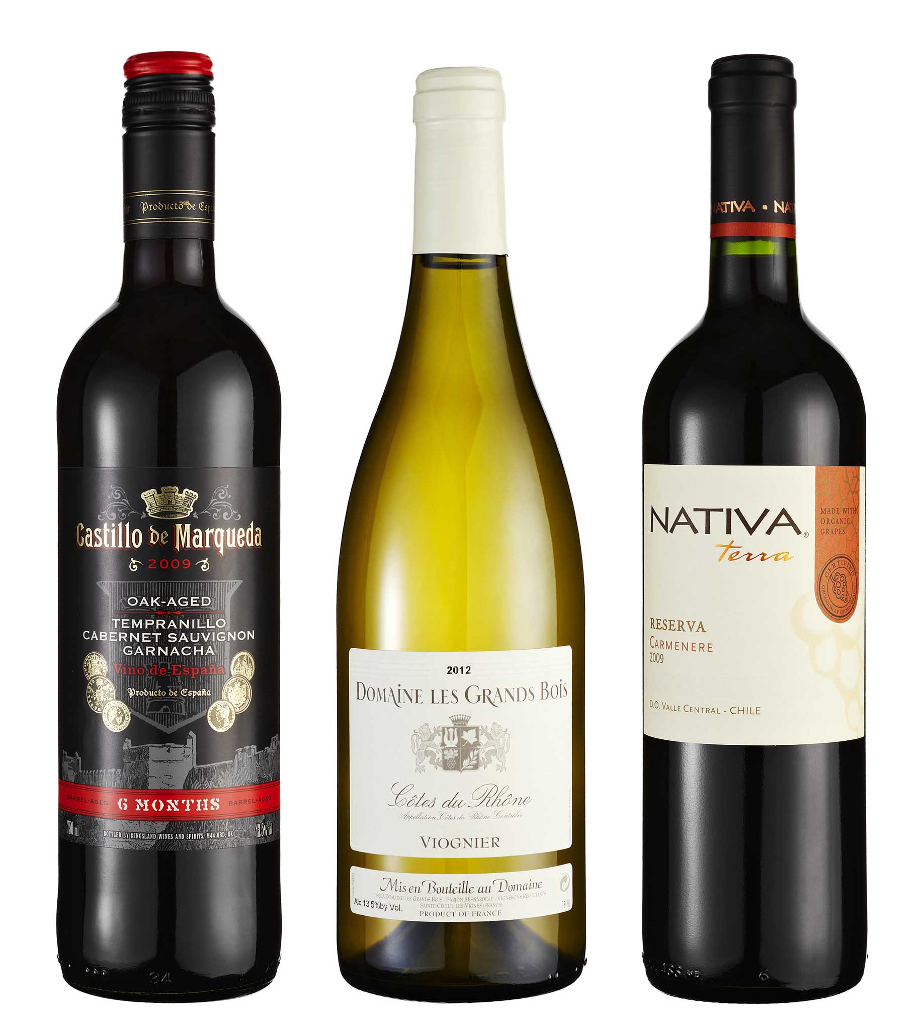 Castillo de Marqueda 2009; Domaine Des Grands Bois Viognier 2012; Nativa Organic Carmenère 2009