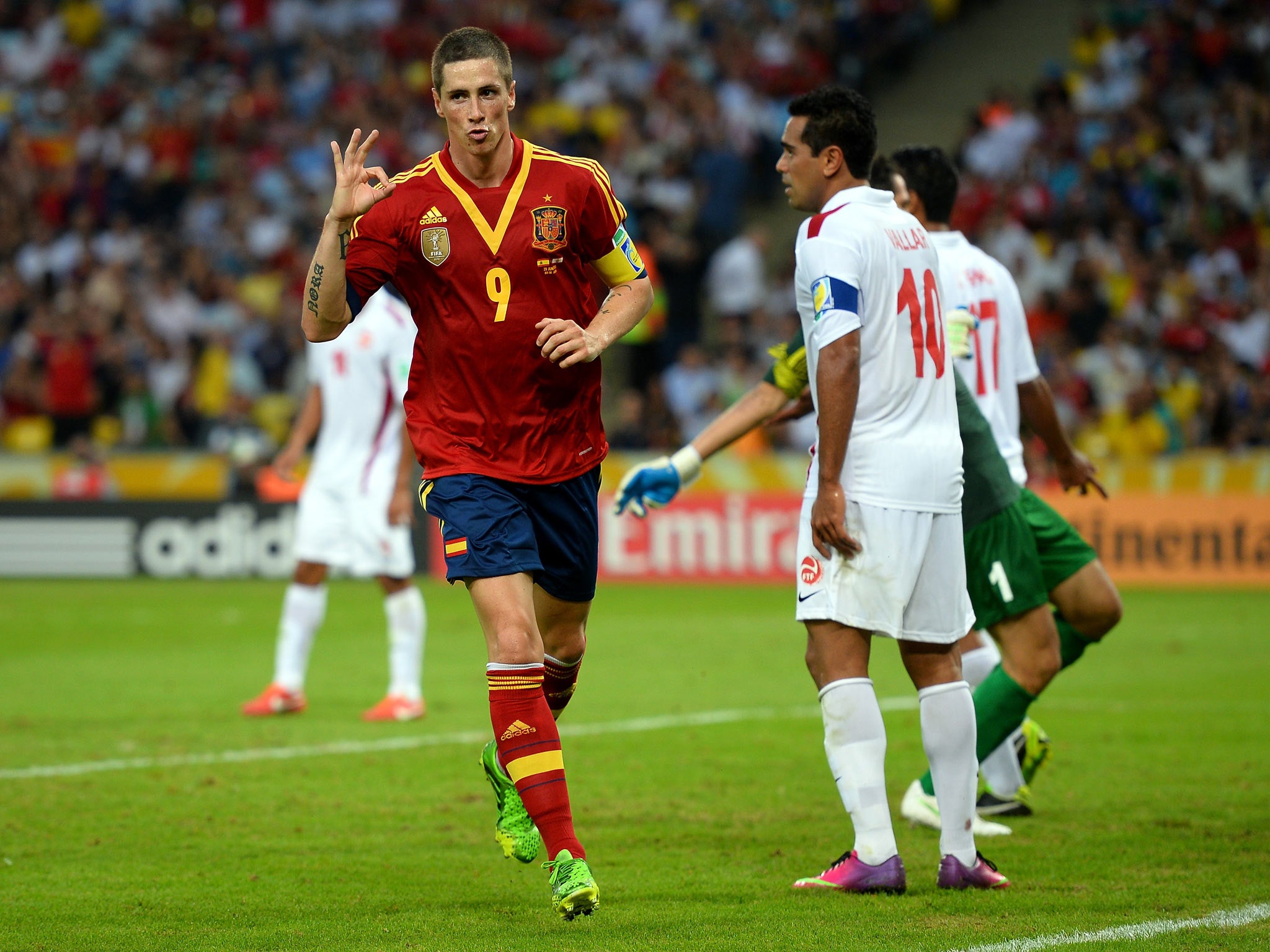 Fernando Torres celebrates one of his four goals against Tahiti