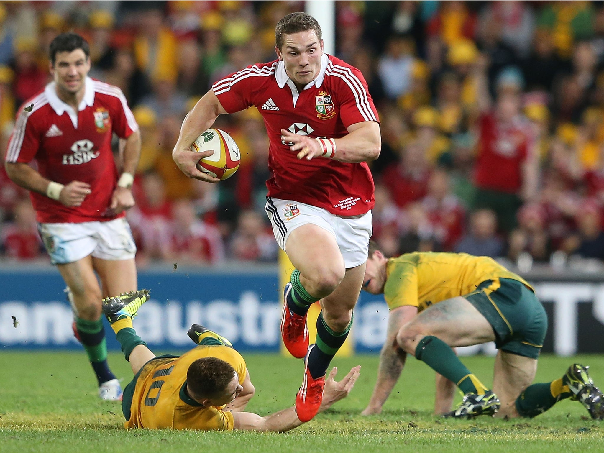 George North bursts through the Australian defence to score for the British and Irish Lions