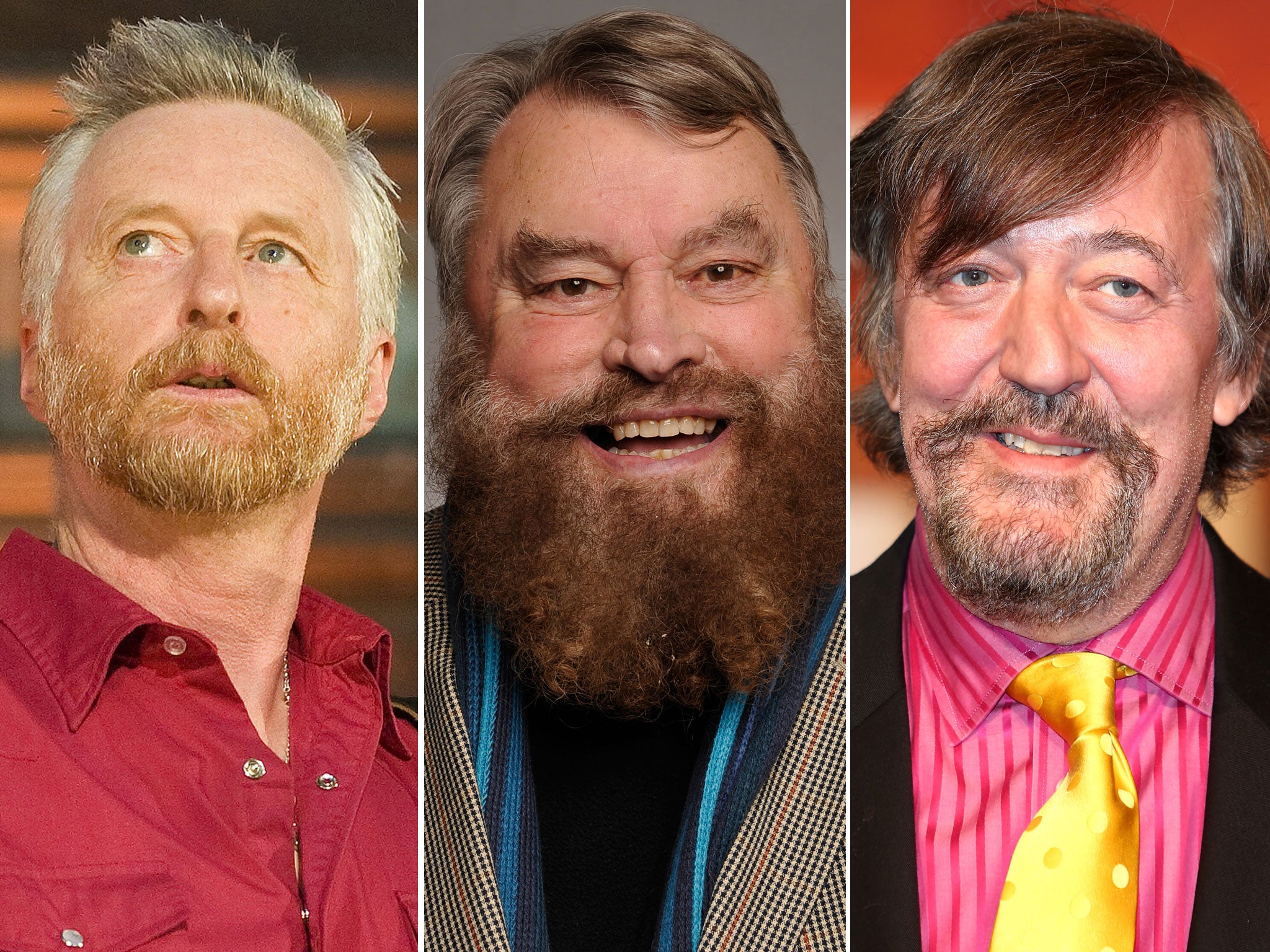 Tailored hirsute: beard 'personalities' Billy Bragg, Brian Blessed, and Stephen Fry