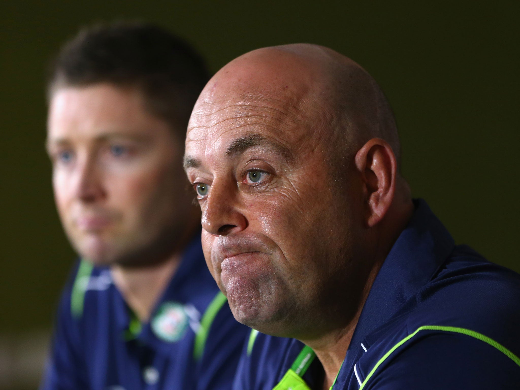 Australia's new coach, Darren Lehmann, (right) addresses the media alongside his captain, Michael Clarke (left)