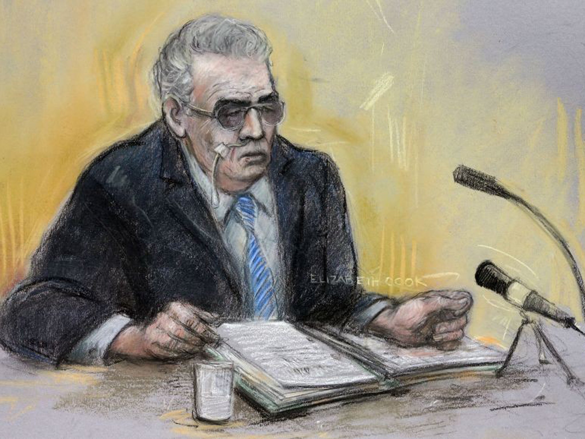 Court artist sketch by Elizabeth Cook of moors murderer Ian Brady appearing via video link at Manchester Civil Justice Centre