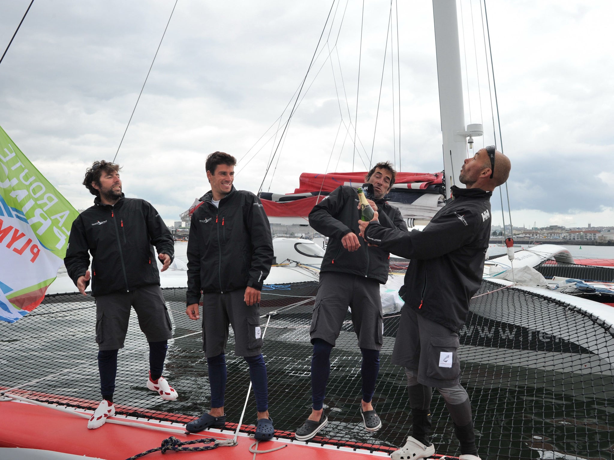 Sidney Gavignet celebrates leg victory with his crew