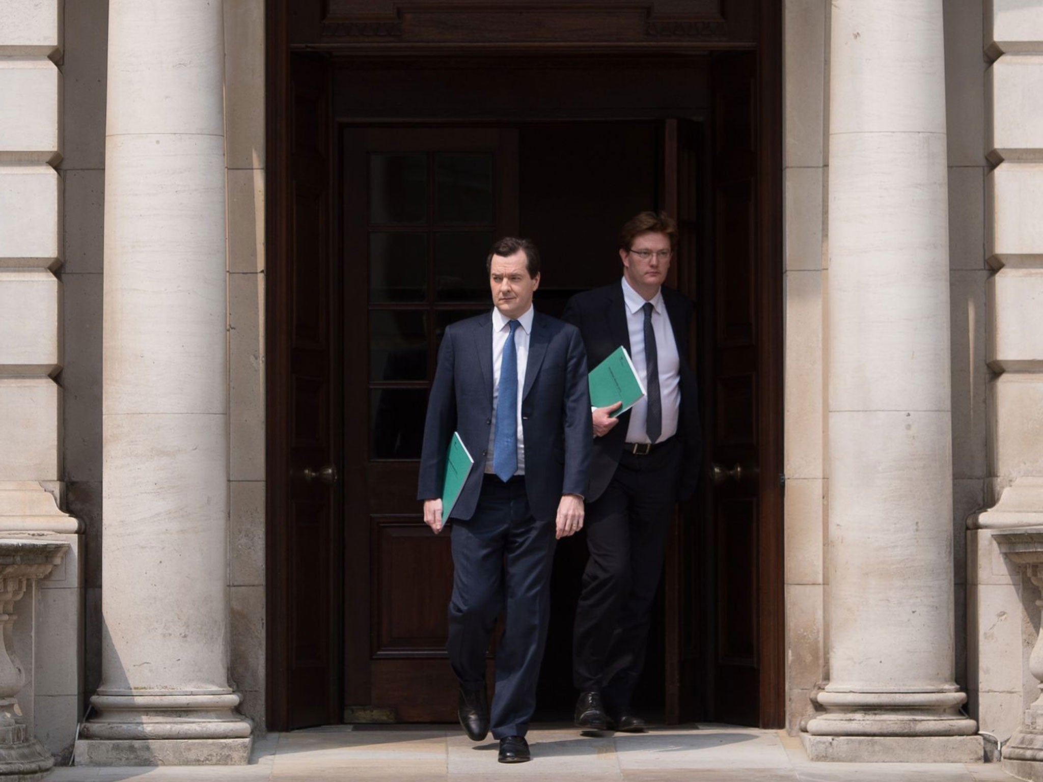 George Osborne and Danny Alexander leave the Treasury