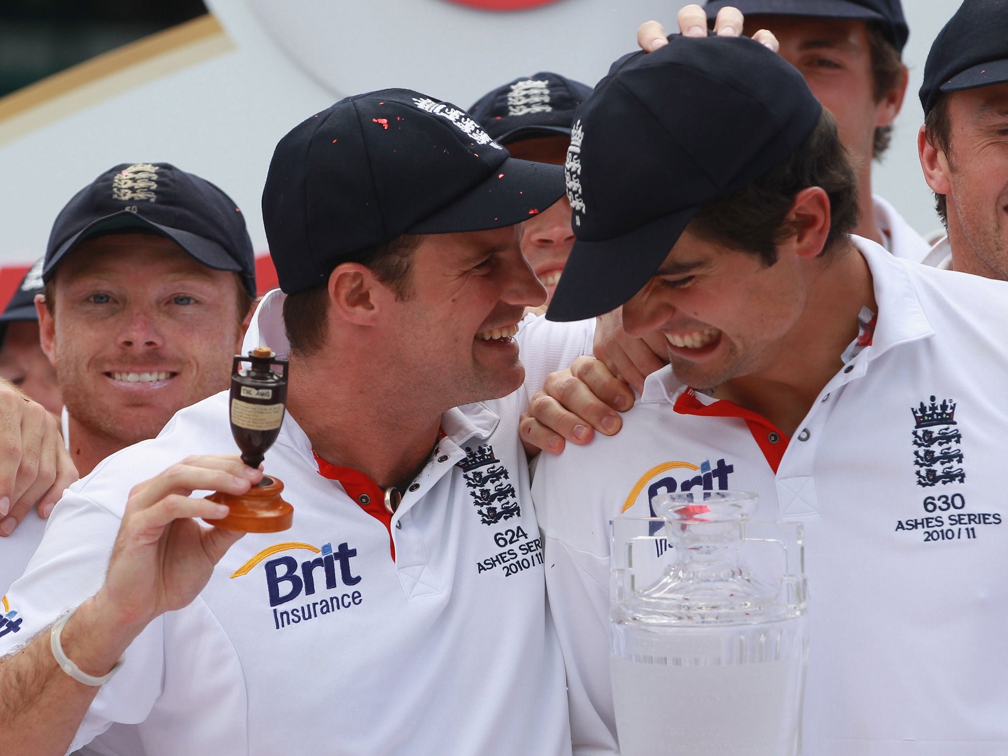 Andrew Strauss and his successor Alastair Cook enjoy Ashes success in 2011
