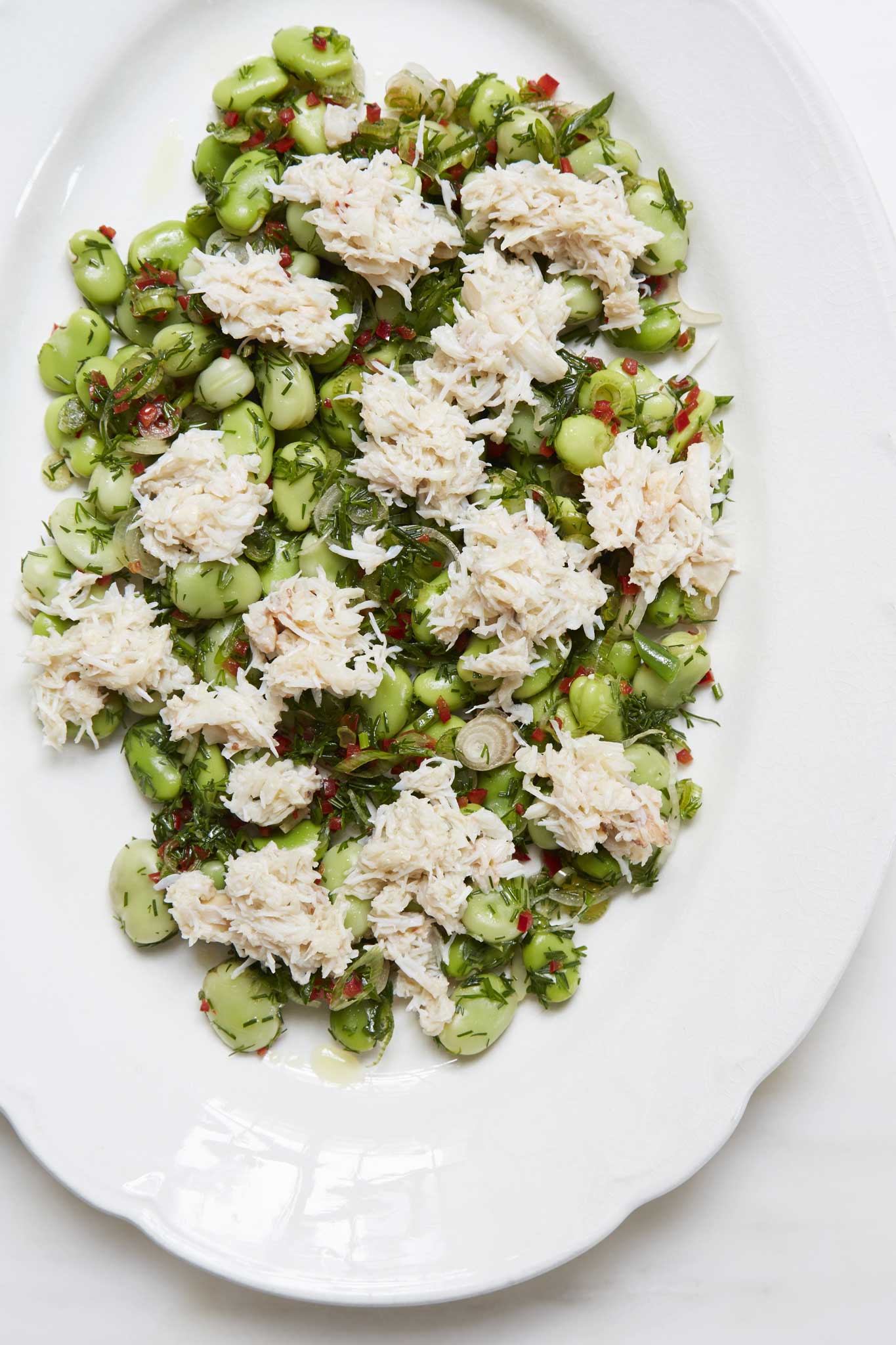 Broad bean, spider crab and chilli salad