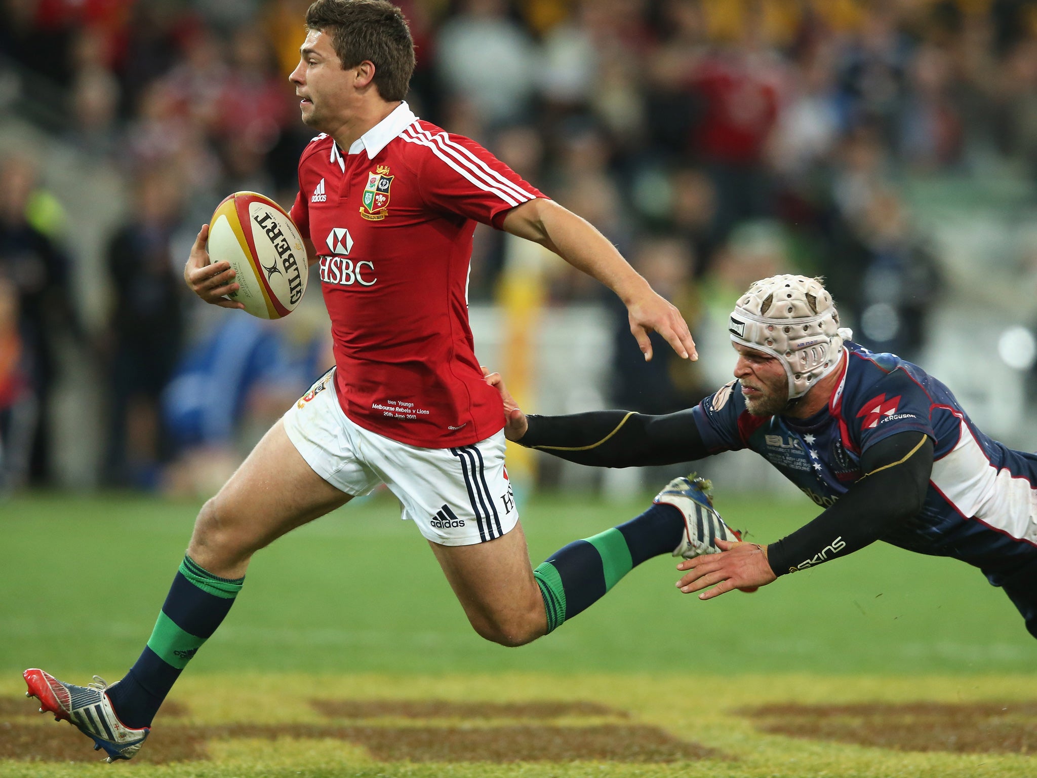 Ben Youngs of the Lions breaks with the ball to score a try during the International Tour Match between the Melbourne Rebels and the British & Irish Lions