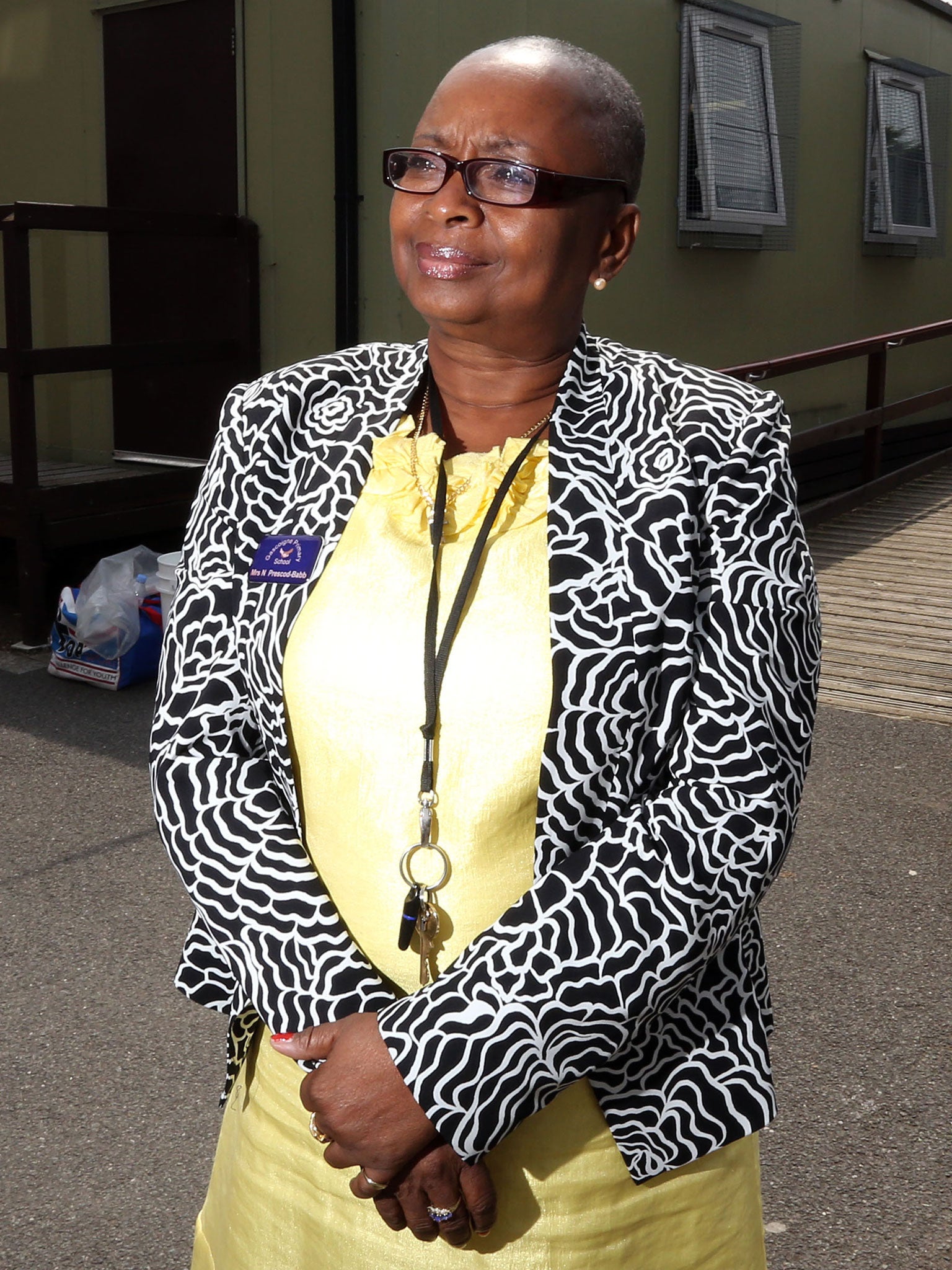 Deputy head Nomsa Prescod-Babb beside one of Gascoigne’s temporary classrooms