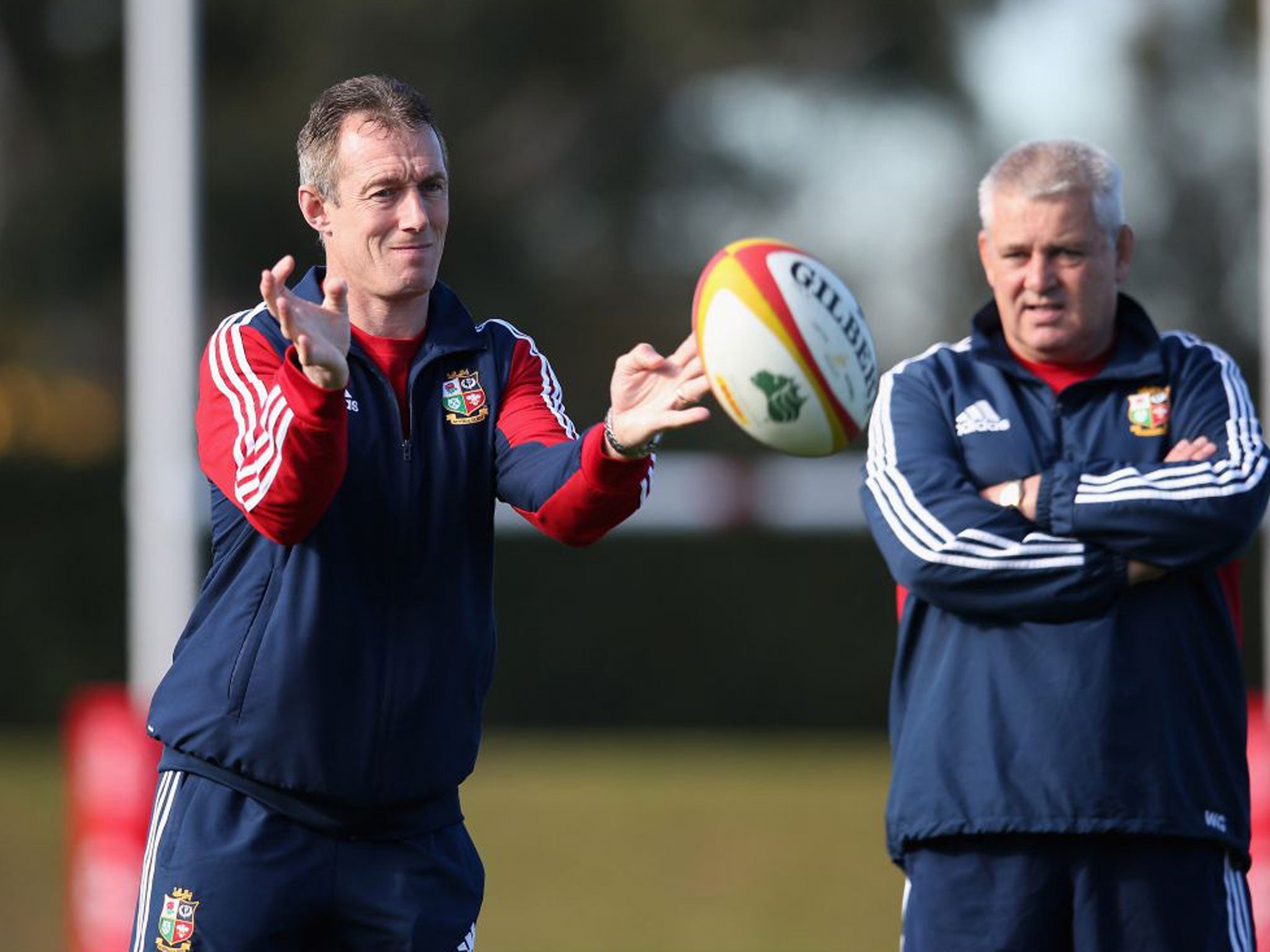 Rob Howley and Warren Gatland take training yesterday