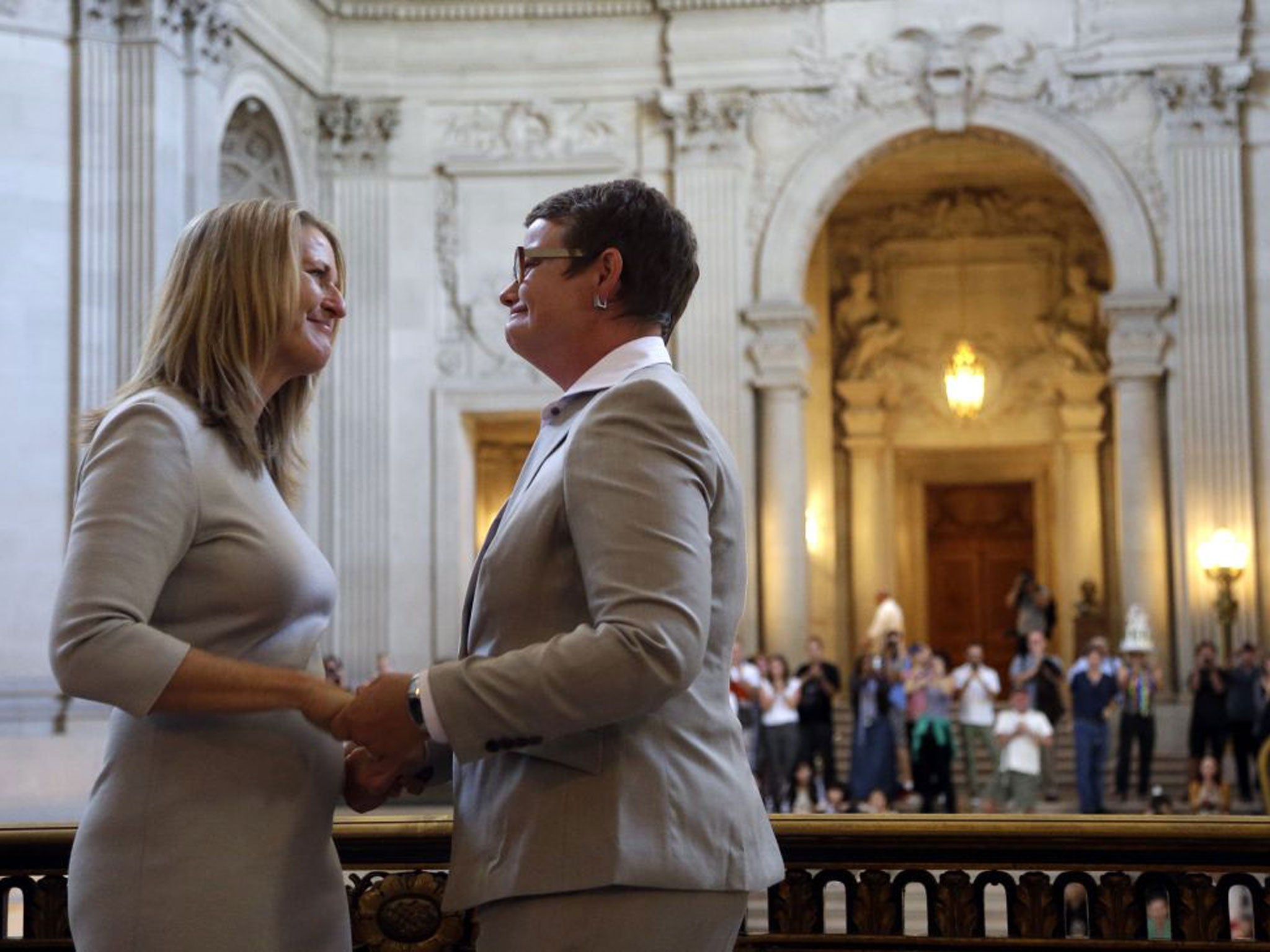 State Attorney General Kamala Harris declared Perry, 48, and Stier, 50, "spouses for life," but during their vows, they took each other as "lawfully wedded wife."