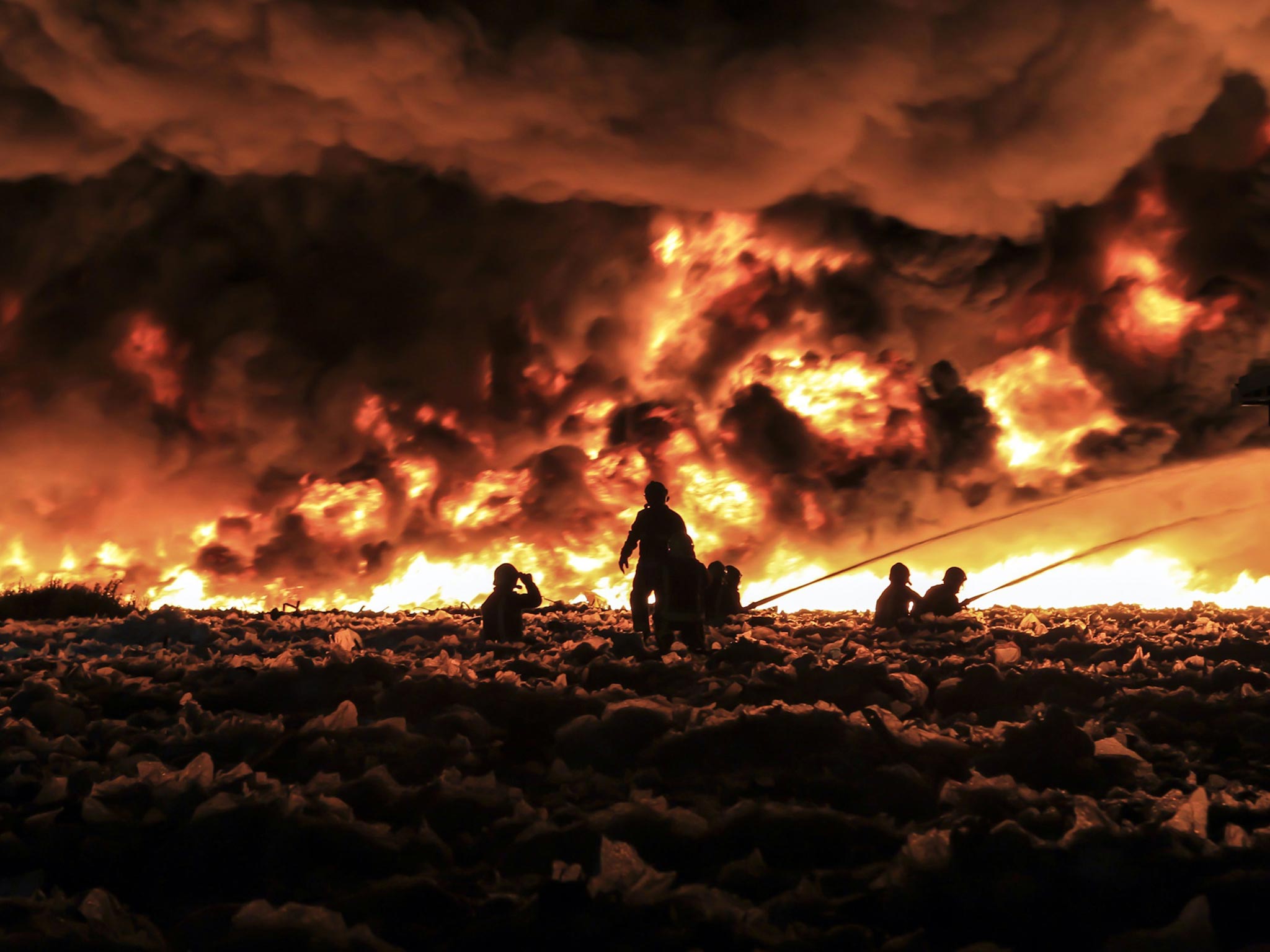 1 July 2013: A fire at J&amp;A Young in Smethwick, Birmingham, as more than 200 firefighters are tackling the blaze at the plastics recycling plant