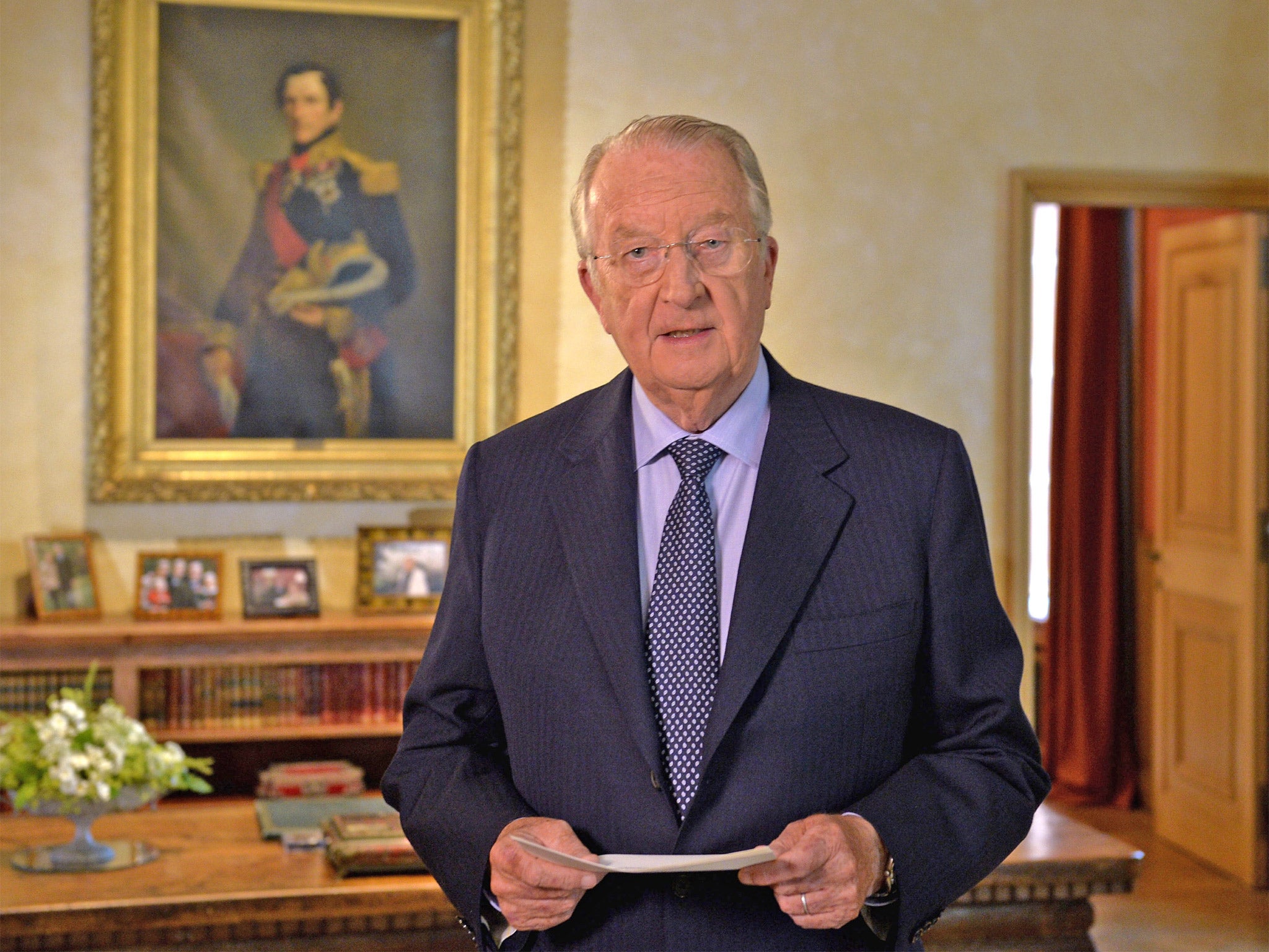 Belgian King Albert II addresses the nation from the Royal Palace in Brussels