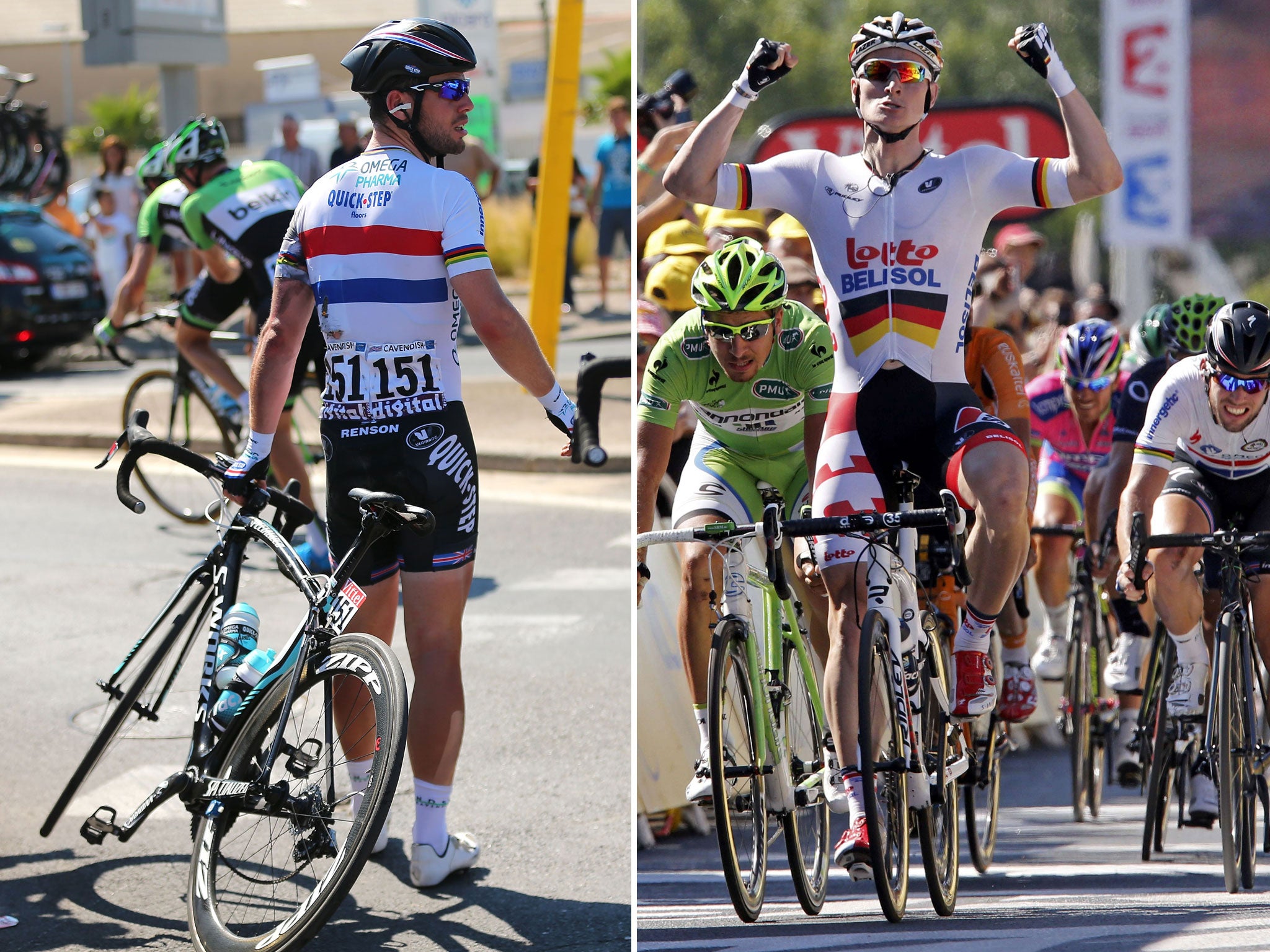 Mark Cavendish (left) crashes before ending up fourth behind André Greipel