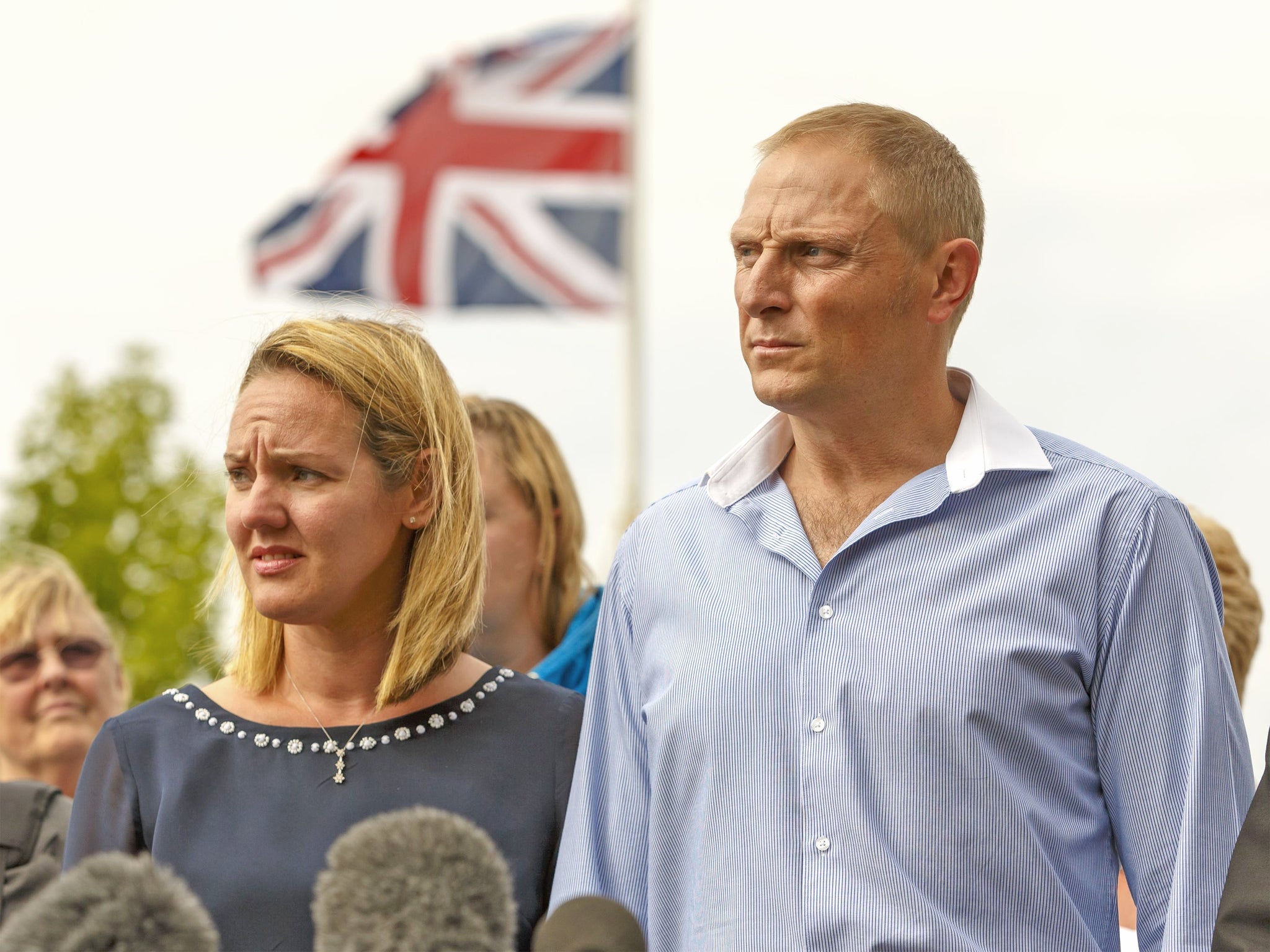 Sergeant Danny Nightingale and wife Sally leave his court martial in Bulford, Wiltshire