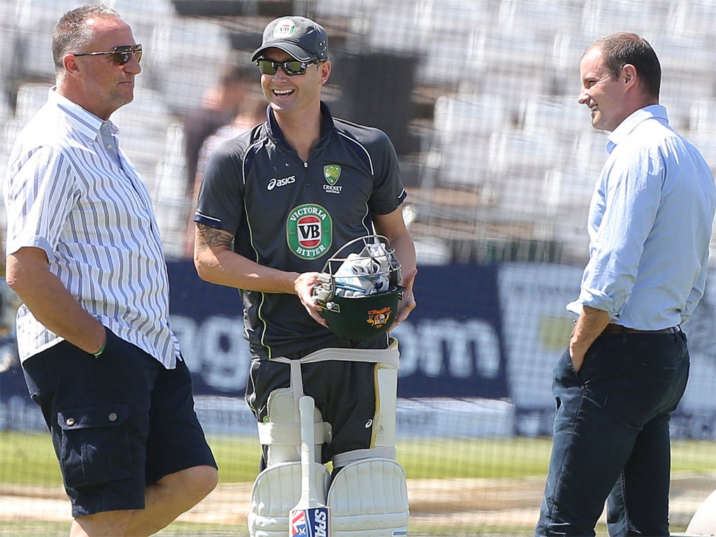 Australia captain Michael Clarke jokes with former England skippers Sir Ian Botham (left) and Andrew Strauss (right), now both of Sky