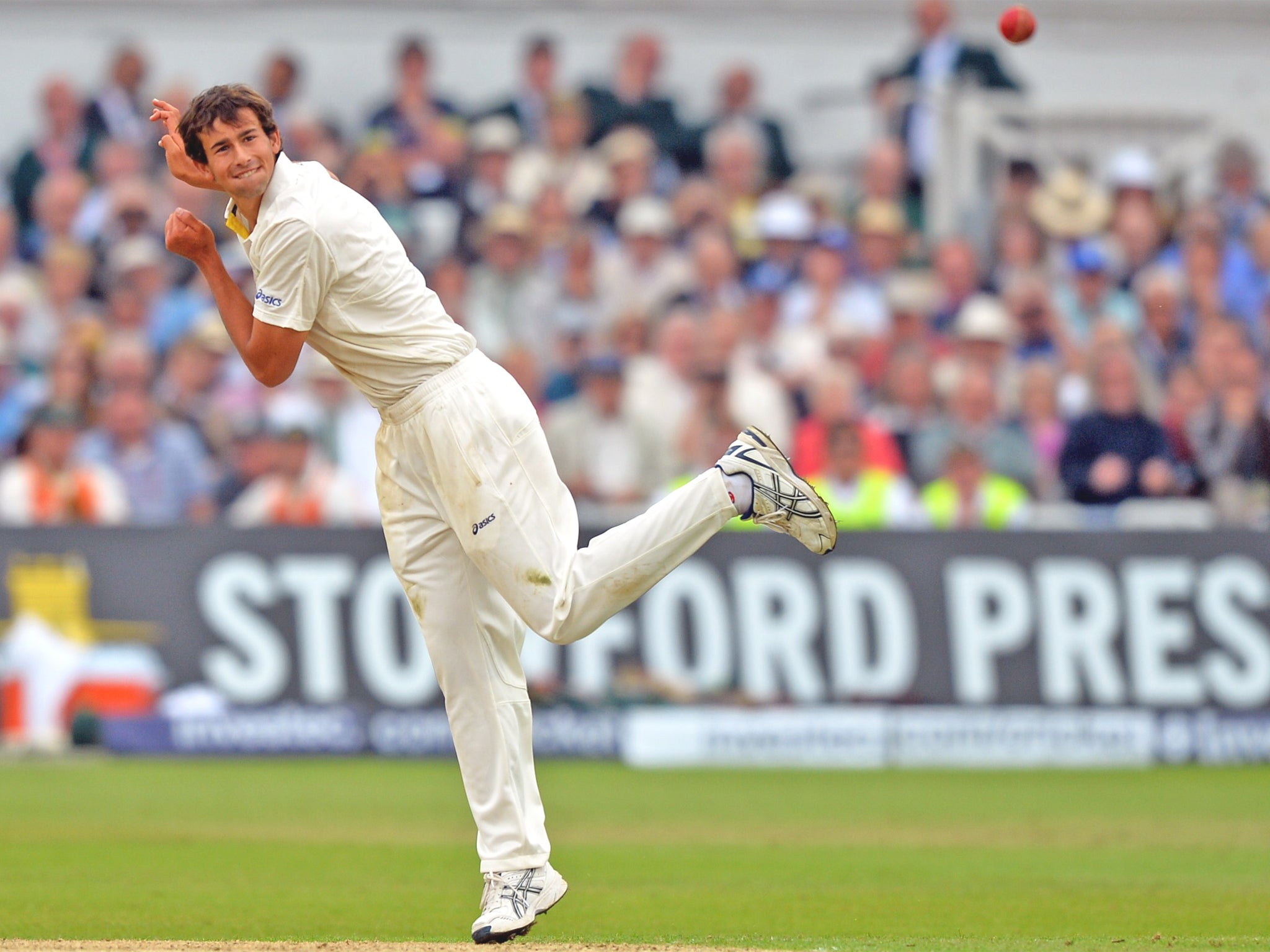 Ashton Agar bowls during England’s first innings