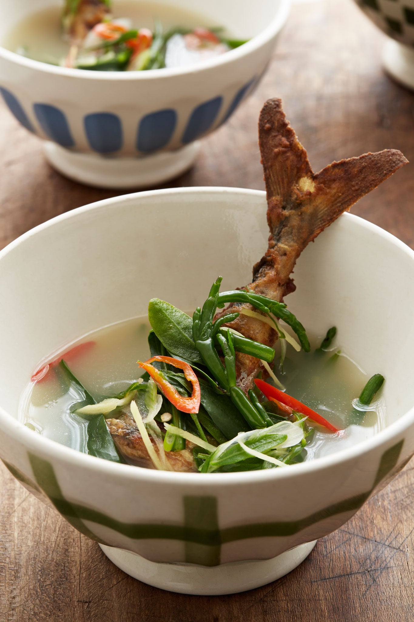 Crispy mackerel tail in seashore vegetable broth