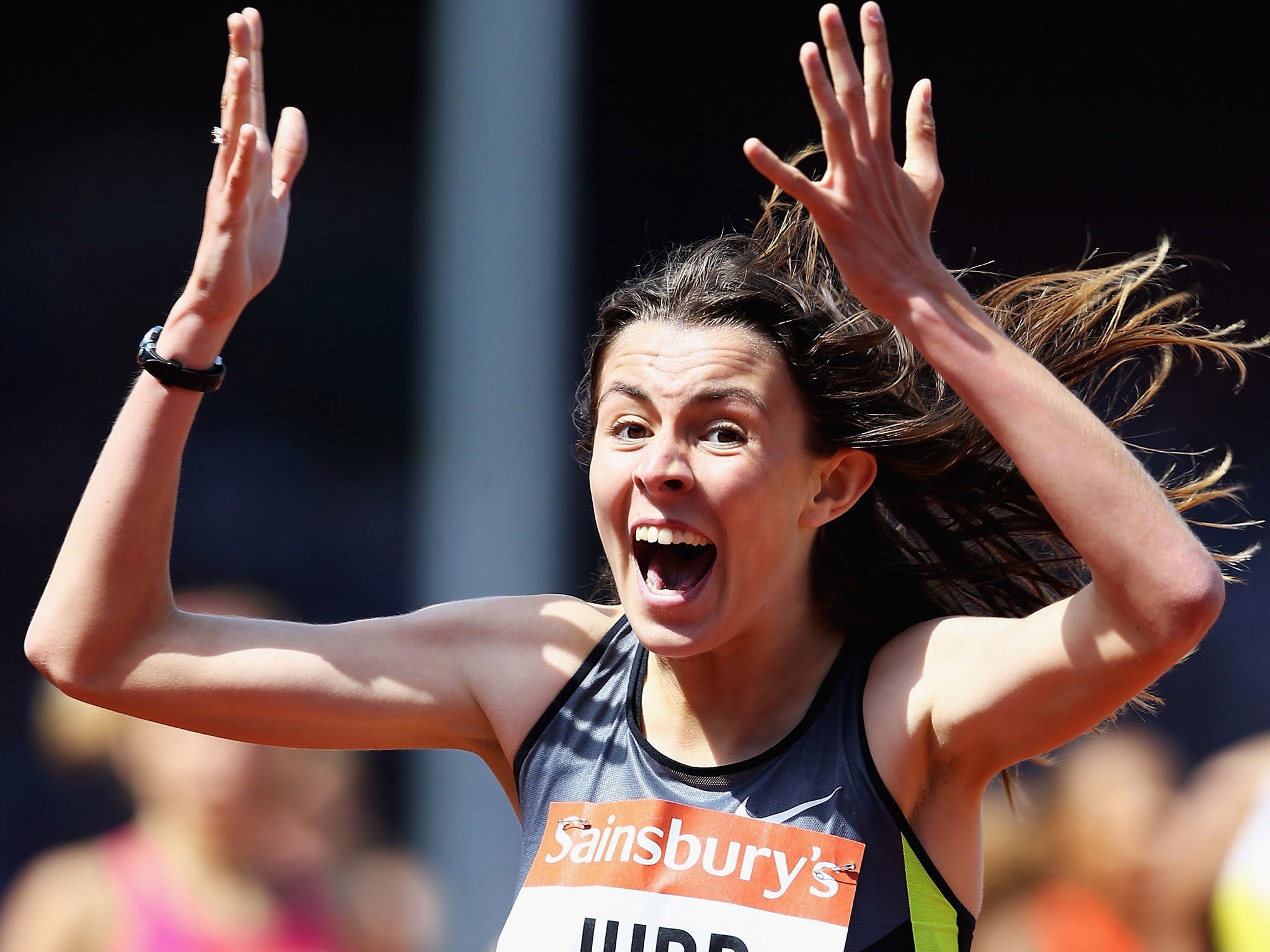 Jessica Judd celebrates her win at the Sainsbury’s Grand Prix in Birmingham