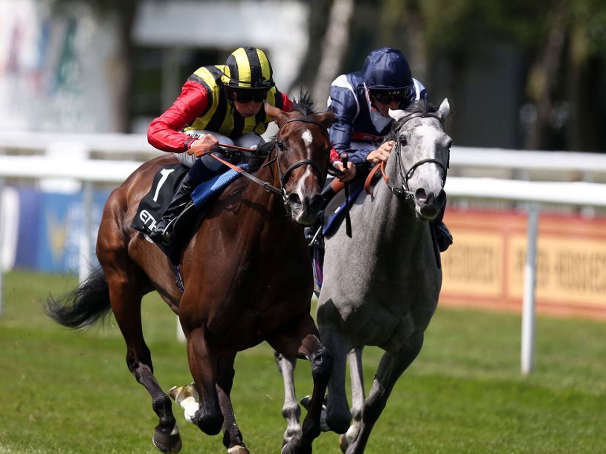 Elusive Kate (left) holds Sky Lantern in the Falmouth Stakes at Newmarket yesterday