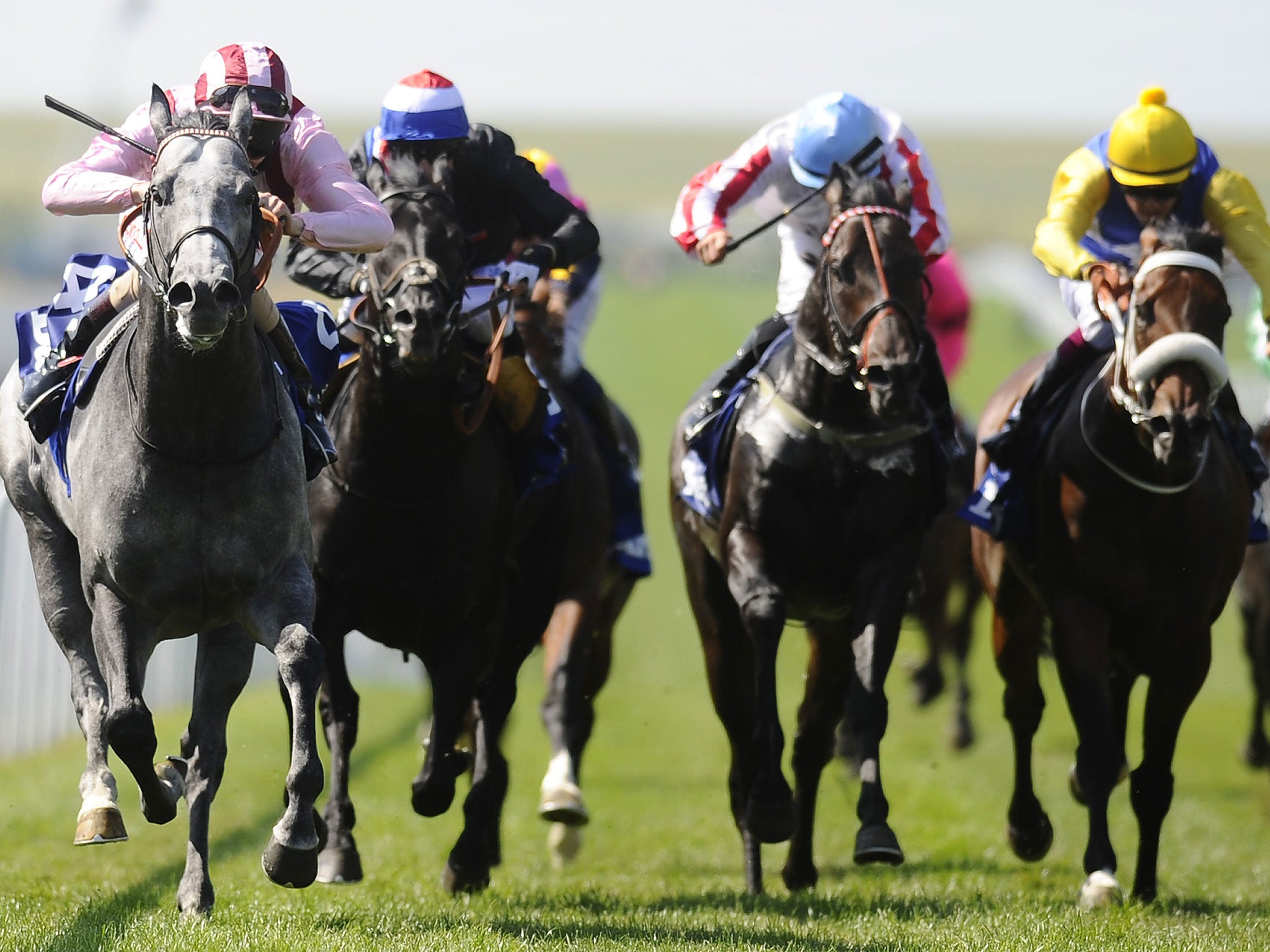 Force of nature: Adam Kirby sends the impressive Lethal Force (far left) clear of his rivals to win the July Cup at Newmarket after giving him a brief reminder