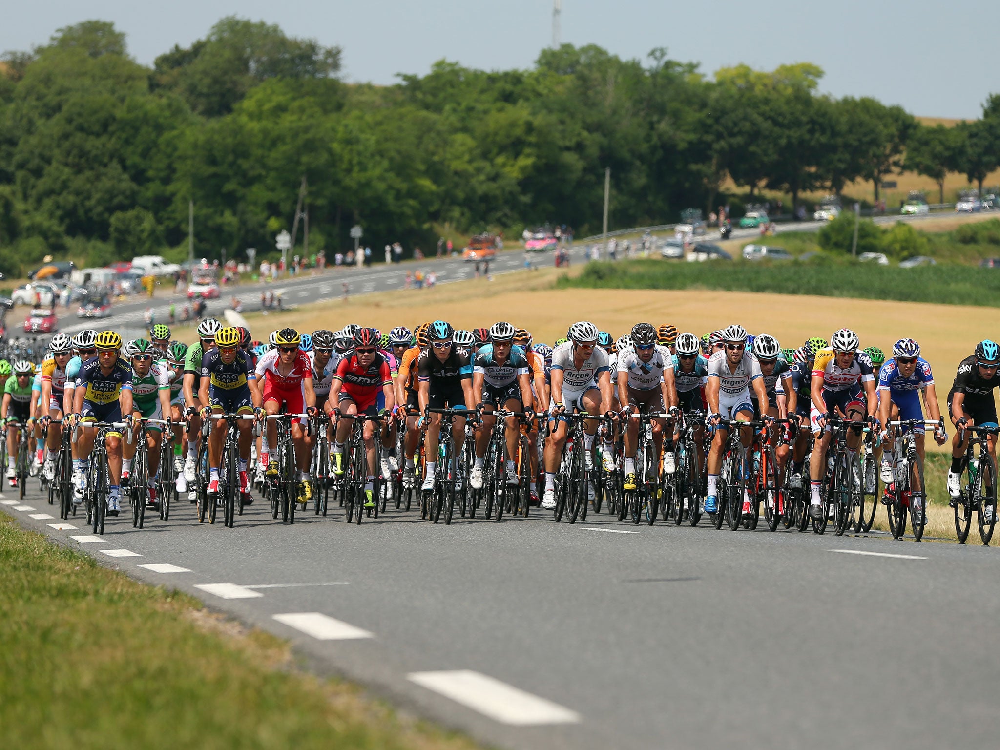 Long and winding road: The peloton climb a hill during yesterday’s Stage 14 of the Tour de France, which finished in Lyon and was won by Matteo Trentin