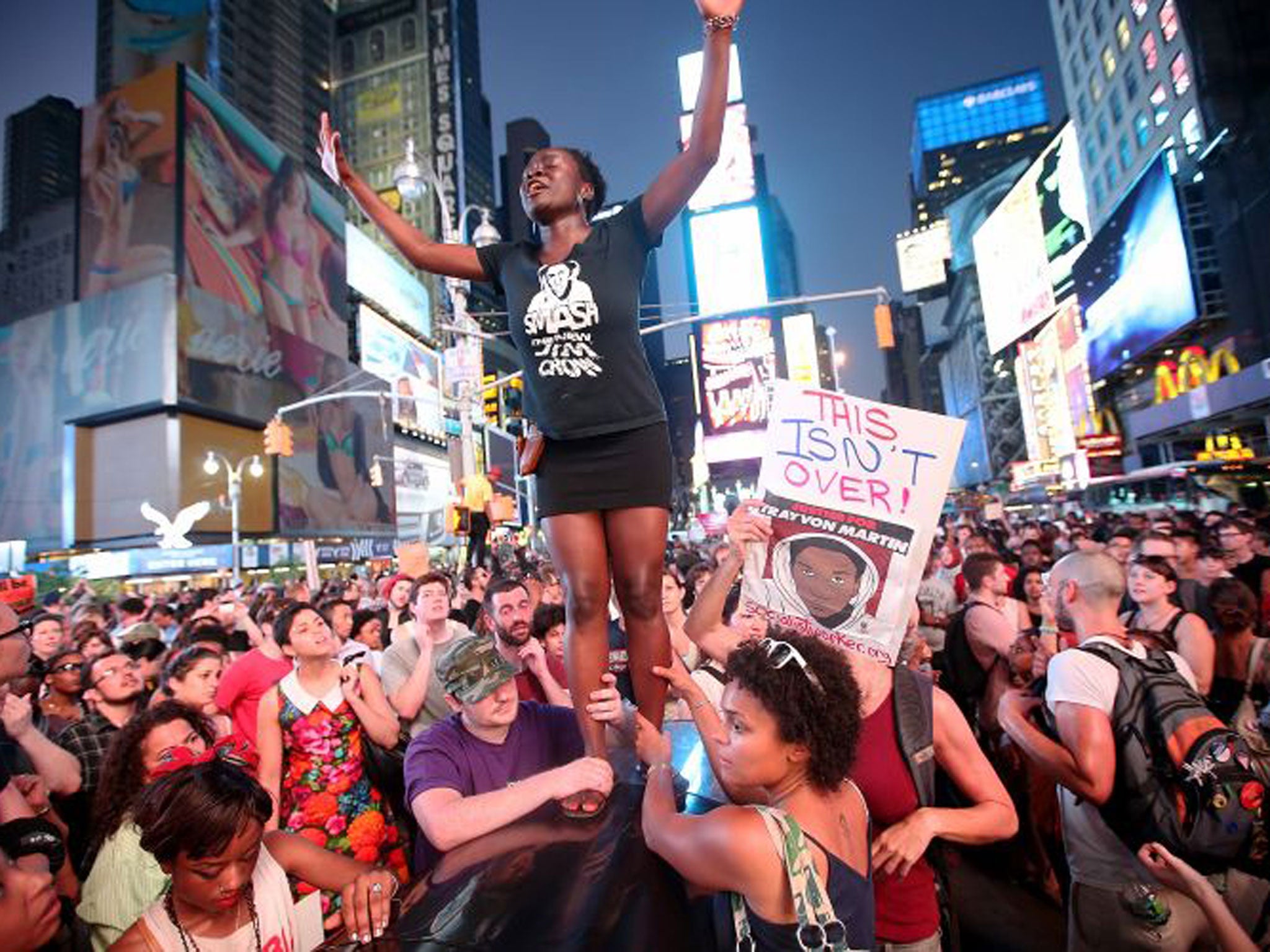 People protesting following the court ruling in the case of Trayvon Martin