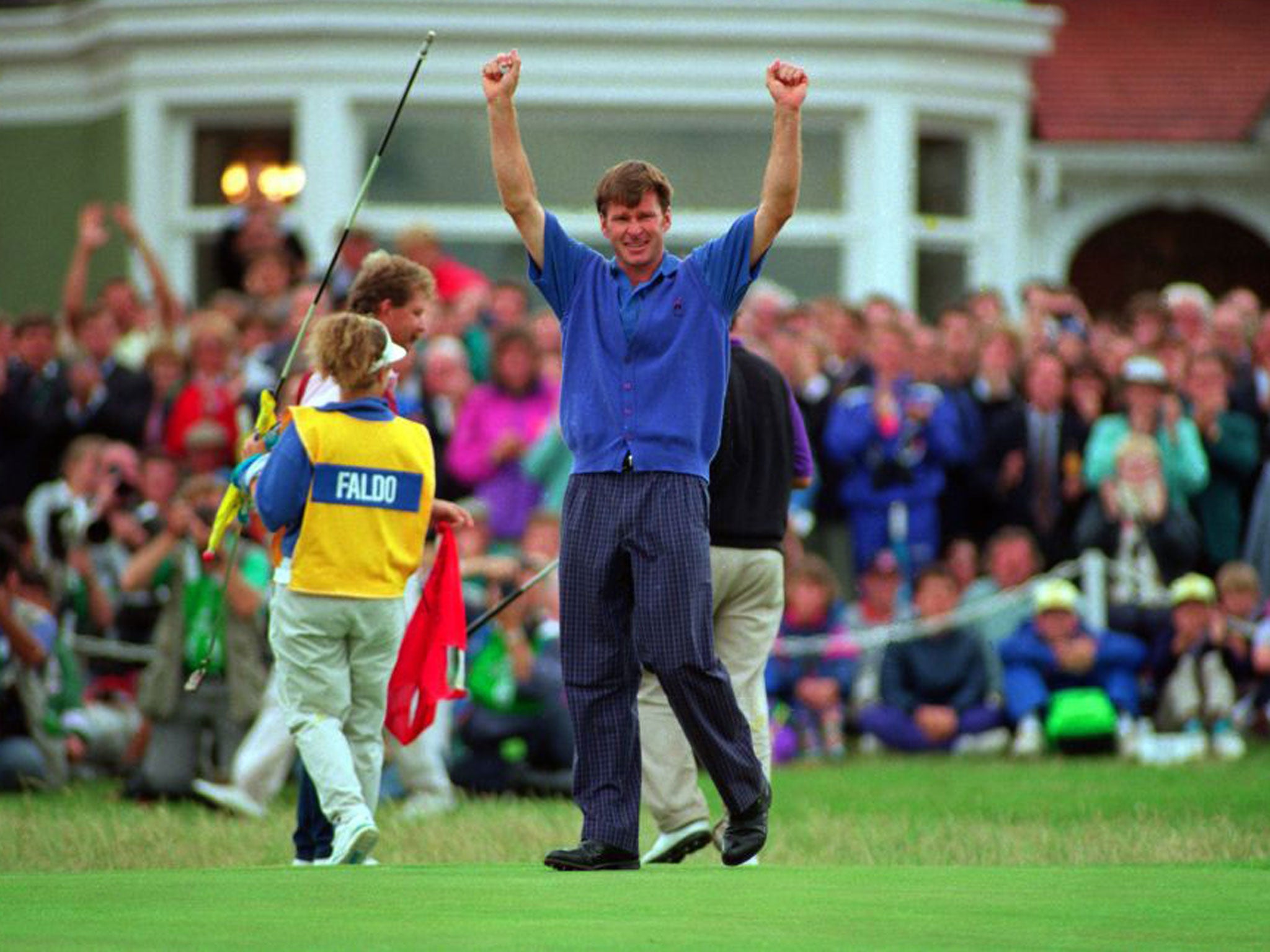 Nick Faldo celebrates winning at Muirfield back in 1992