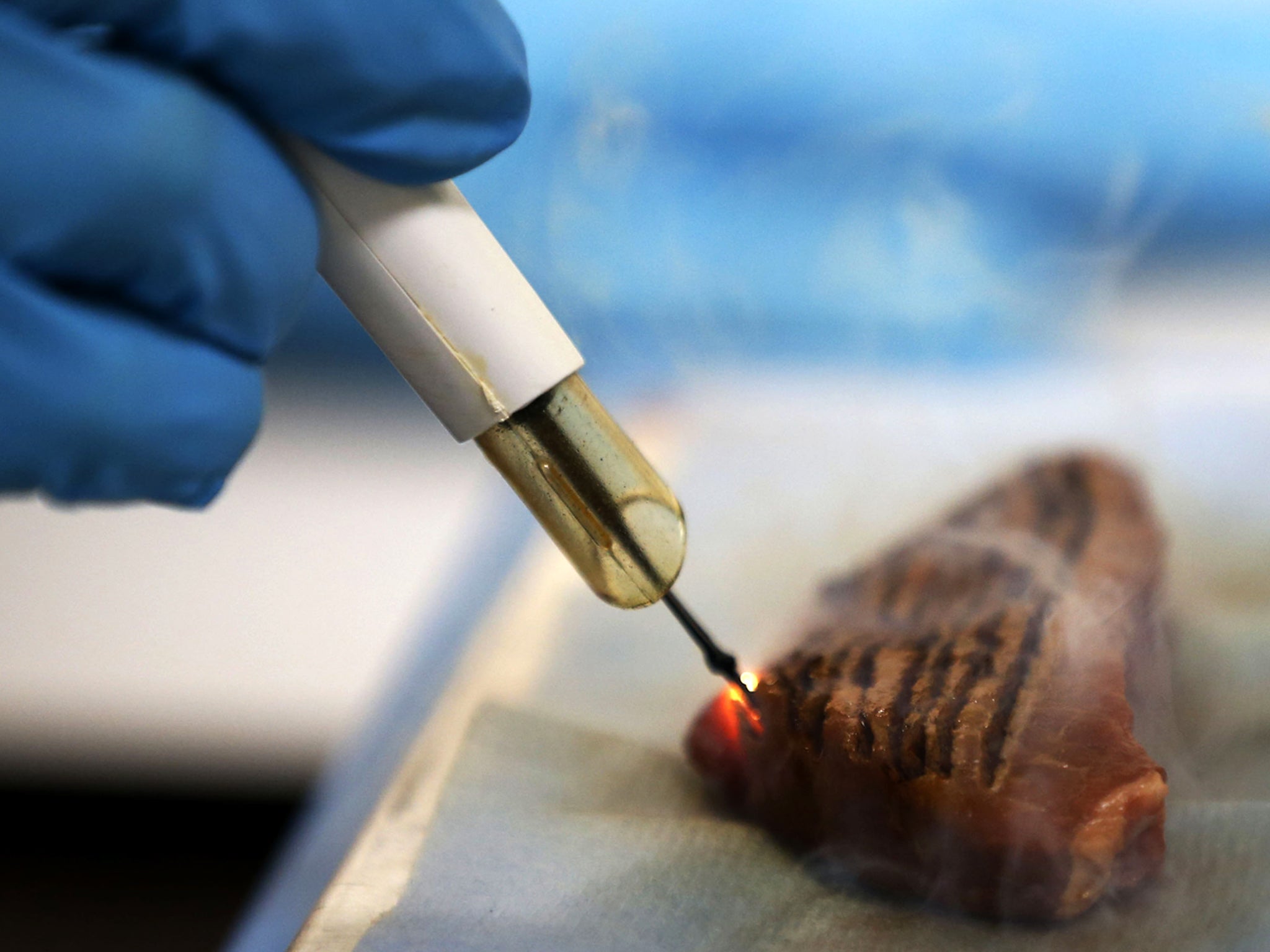 A demonstration shows how the iKnife can slice through animal muscle