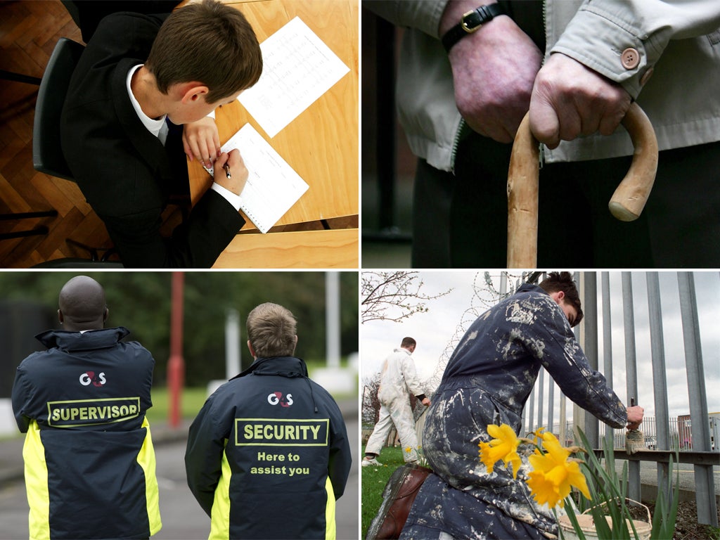 Education, elderly care and security services have all fallen foul of 'gaming'. 70 per cent of the probation service (bottom right) is planned to be opened up to outside providers